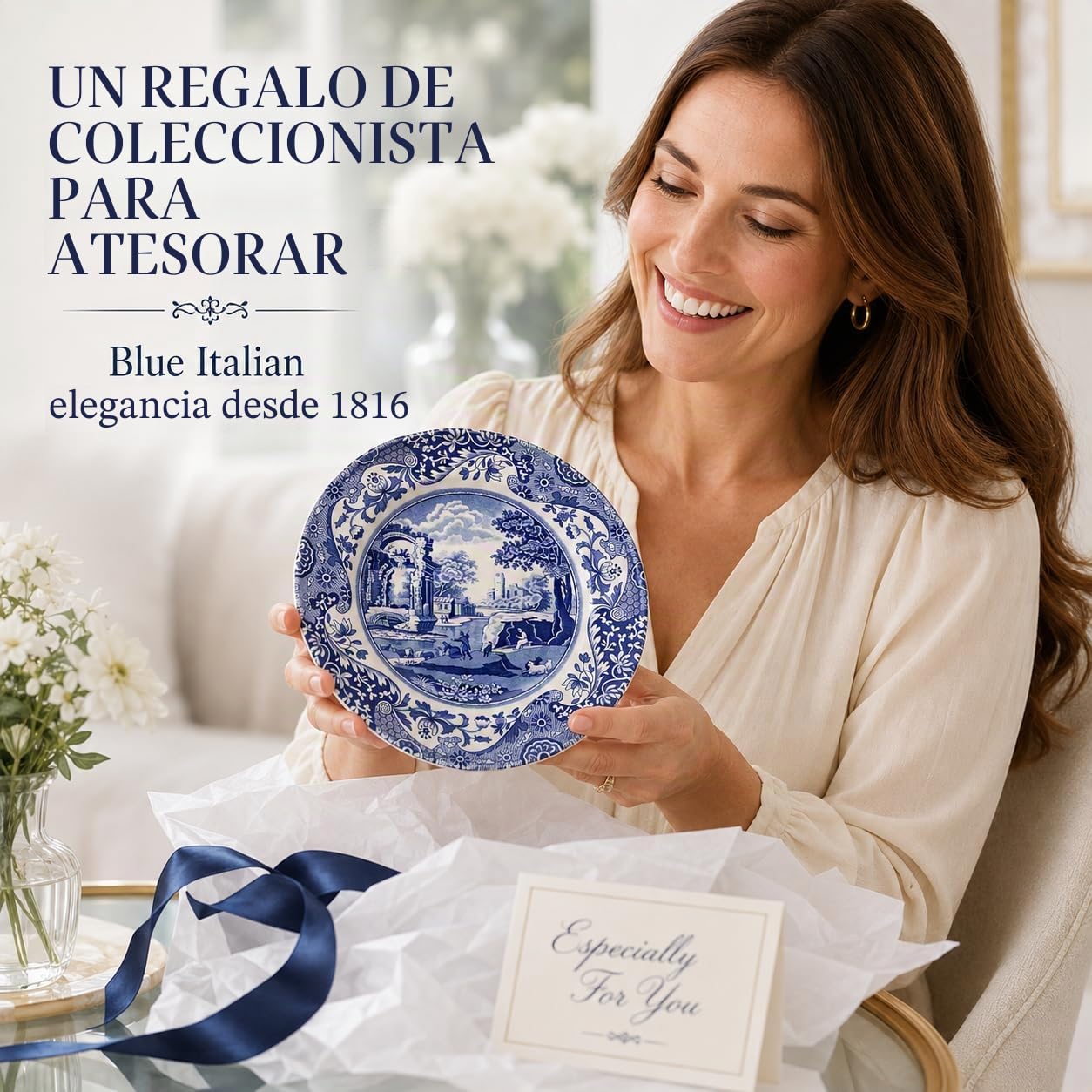 Spode Juego de 4 platos de ensalada italianos azules, 7.25", loza fina, fabricado en Inglaterra, apto para lavavajillas (azul/blanco, 8")