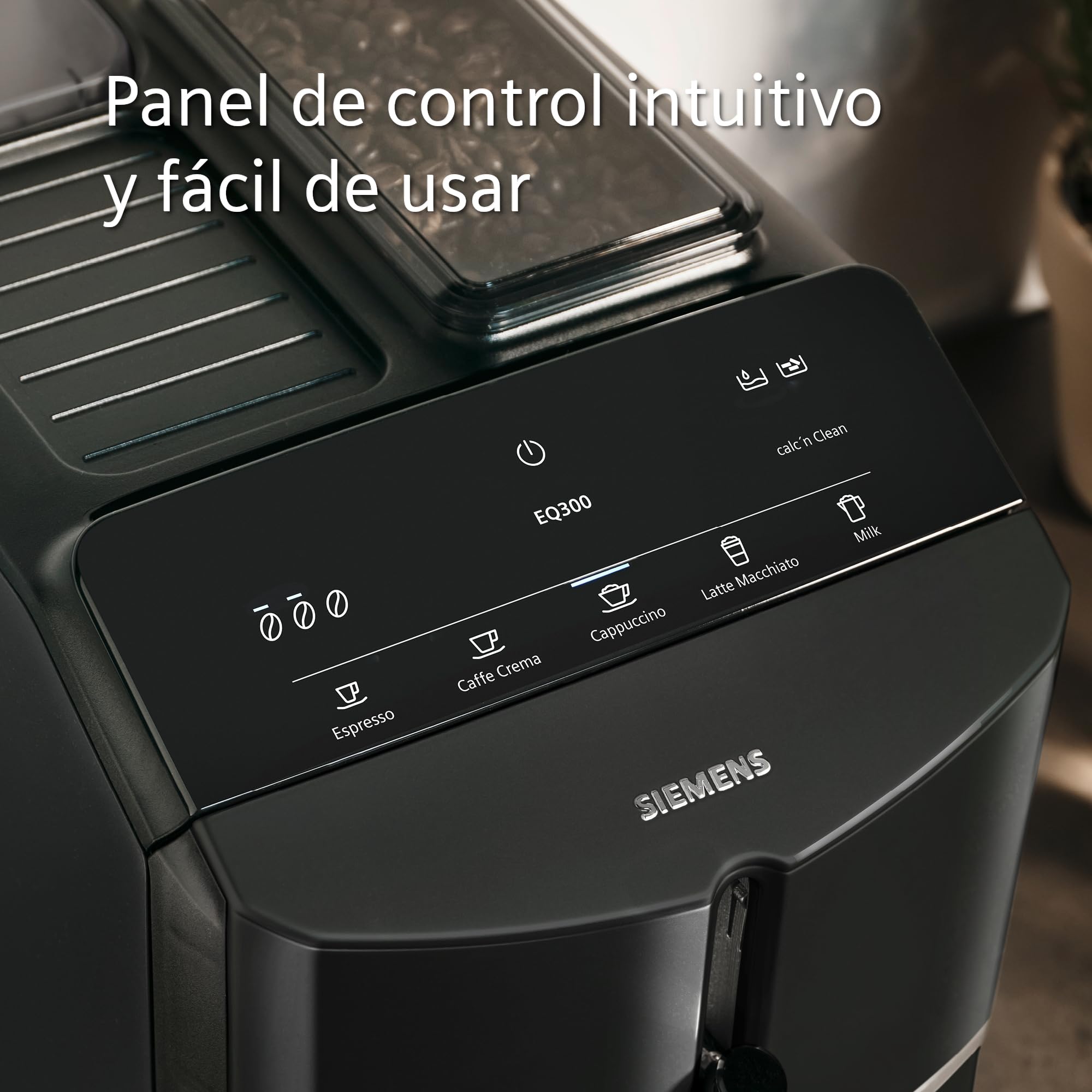 SIEMENS - Cafetera superautomática, EQ300, molinillo cerámico,espumador de leche, función oneTouch, negro, TF301E19