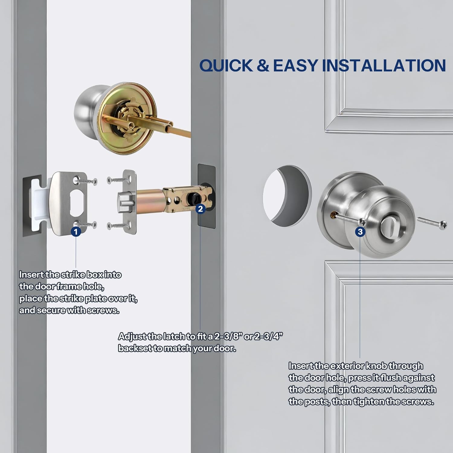 Keyed Entry Door Knob for Entrance, Front Doorknob with Lock and Key for Exterior & Interior Right and Left Side Bedroom, Living Room, Satin Nickel,1 Pack