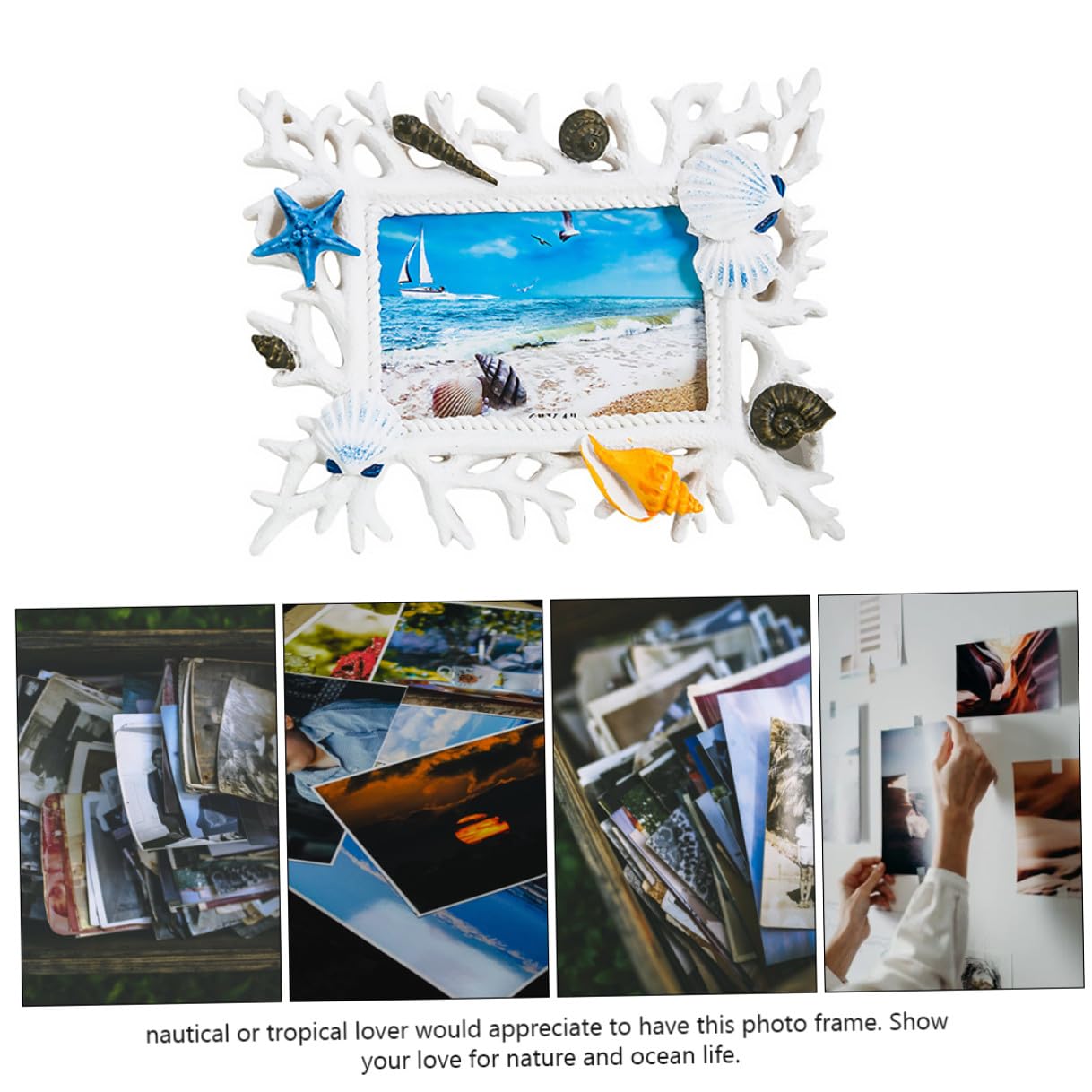 Marco de Fotos de Resina Conchas Marinas Coral 6 Pulgadas, Decoración de Escritorio Mediterránea, Portafotos Creativo para Bodas y Hogar