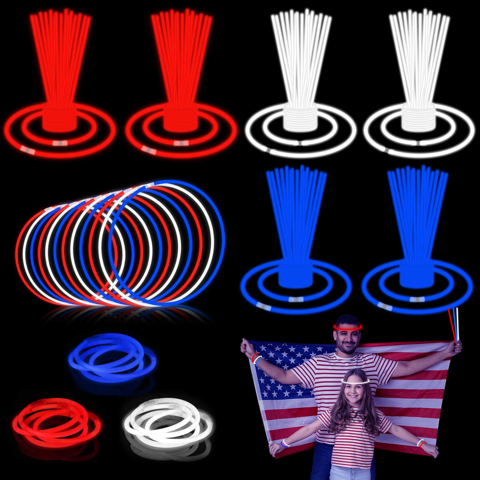 300 varillas brillantes del 4 de julio con conectores, pulseras y collares de neón rojo, blanco y azul, suministros de fiesta patrióticos iluminados a granel, decoraciones del Día de la