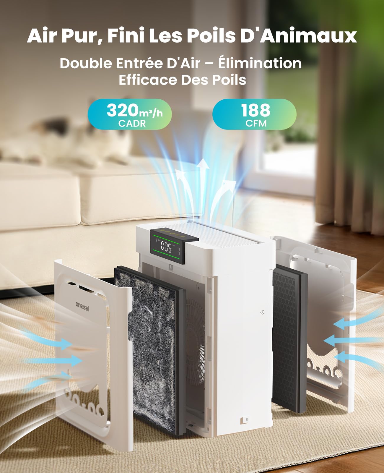 oneisall Purificateur D'Air Pour Animaux, Filtres HEPA Lavables Des Deux Côtés, Pour Grandes Pièces Jusqu'À 204 m², Élimine Poils, Odeurs, Allergènes, Pellicules, Fumée & Poussière, PP02