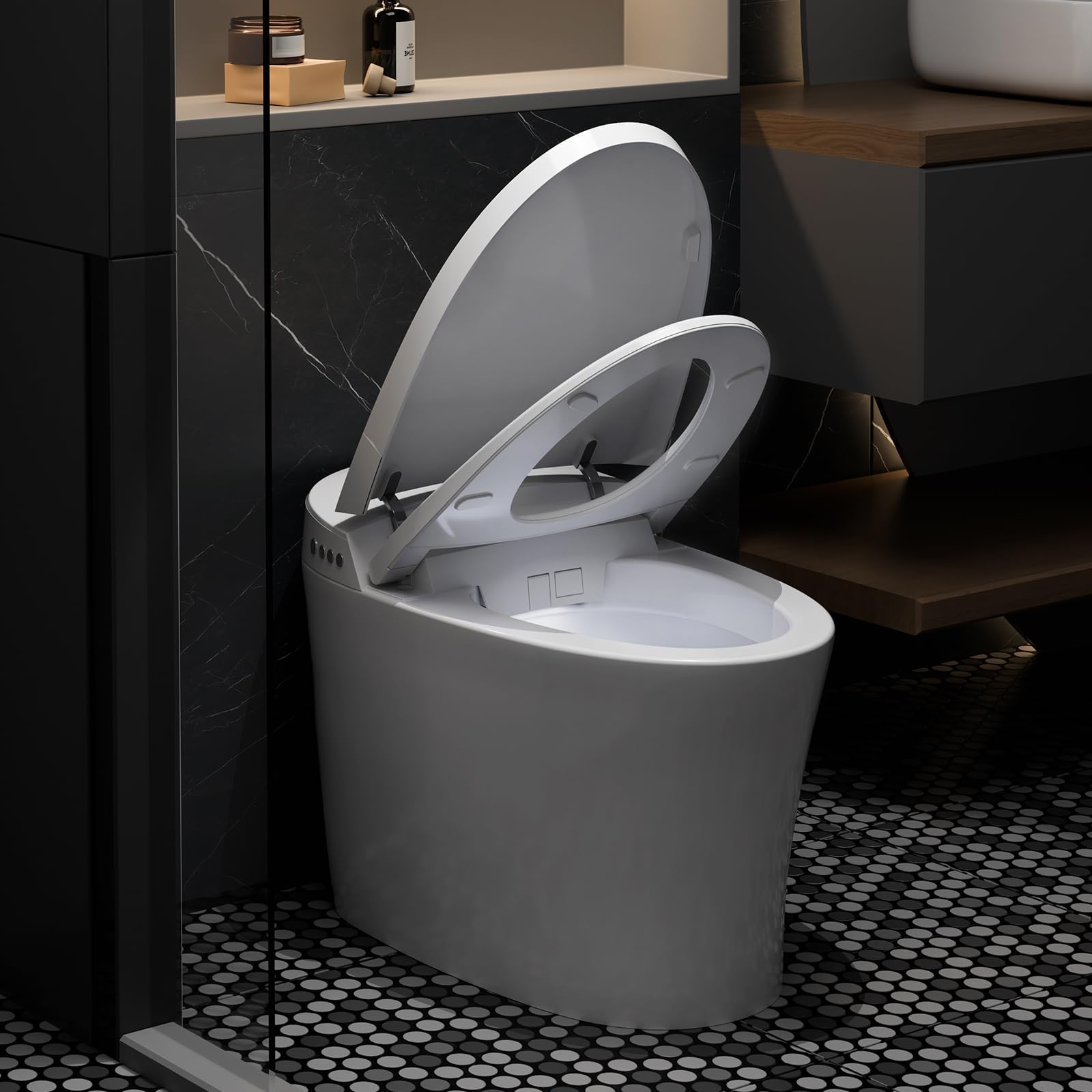 Smart Toilet, One Piece Bidet Toilet for Bathrooms, Elongated Toilet With Warm Water, Foot Sensor Operation, Dual Auto Flush, Heated Bidet Seat, Night Light, Auto Smart Toilet With Led Display