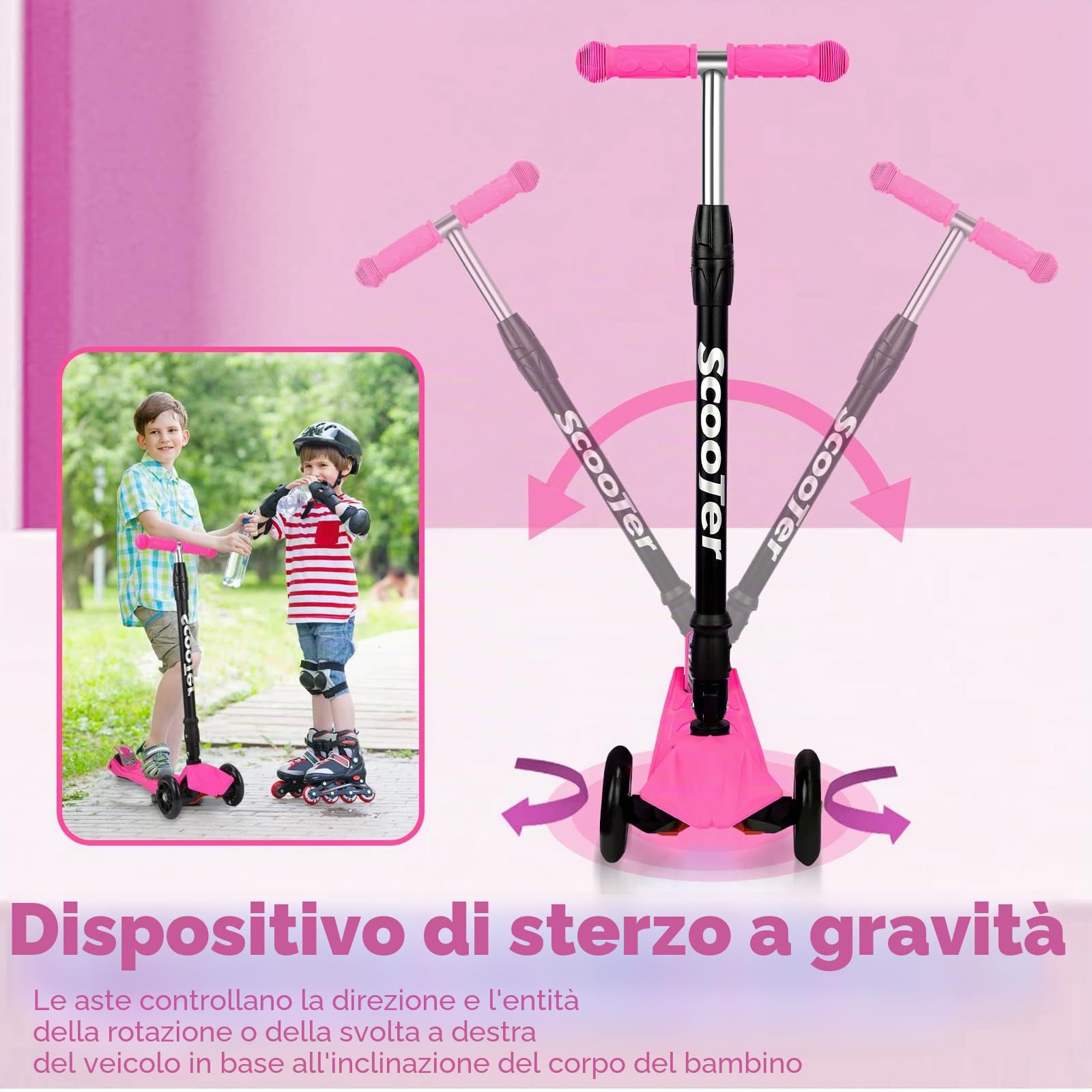 Fiqops Monopattino per bambini da 3 a 12 anni, scooter per bambini con 4 altezze regolabili, ruote luminose a LED per bambini, pieghevole, facile da guidare, freni posteriori
