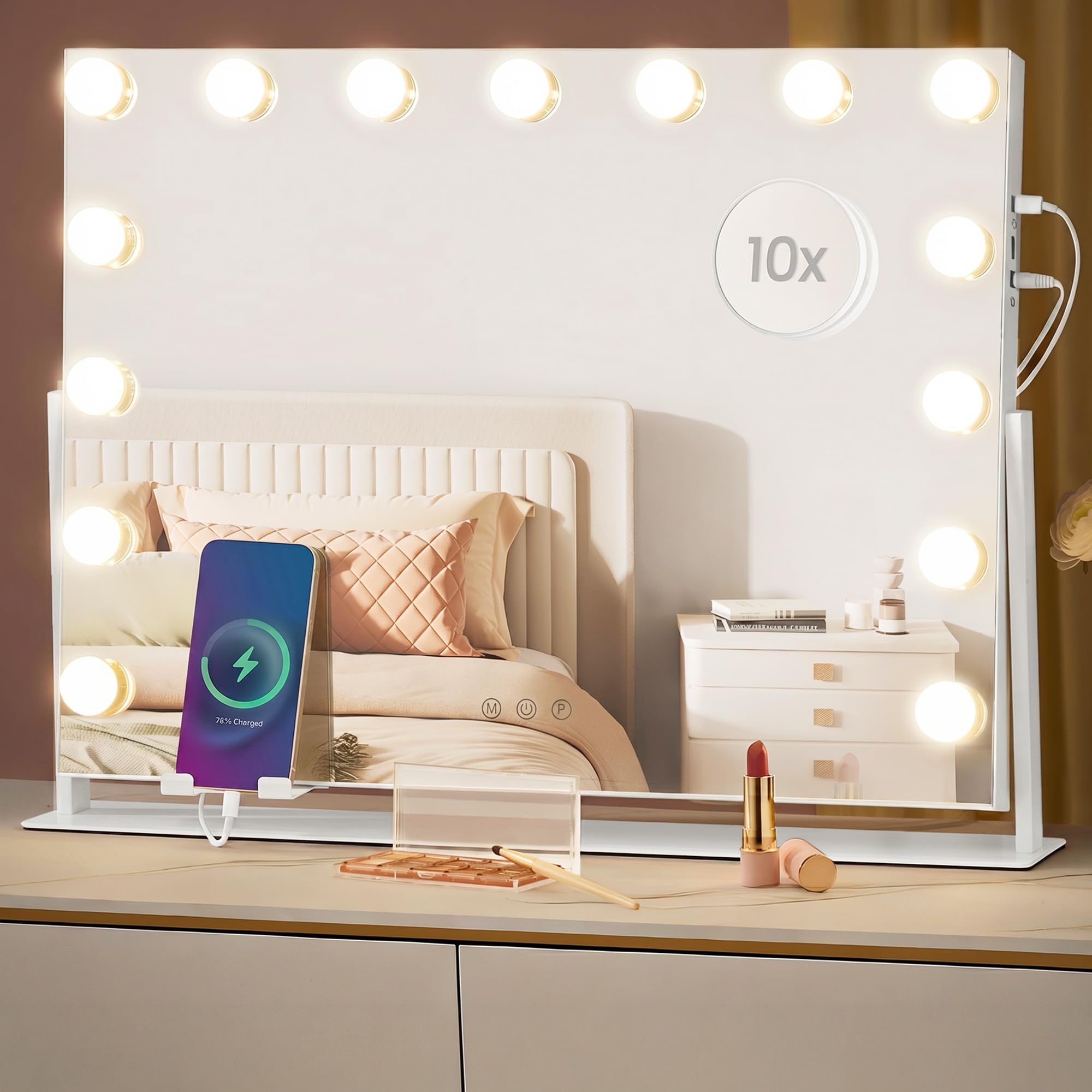 SONGMICS Vanity Makeup Mirror with Lights, 62.5 x 45.8 cm, Charging Ports, 15 Dimmable LED Bulbs, 3 Colour Modes, Detachable 10x Magnifying Mirror, Phone Holder, Matte White LWM001W03