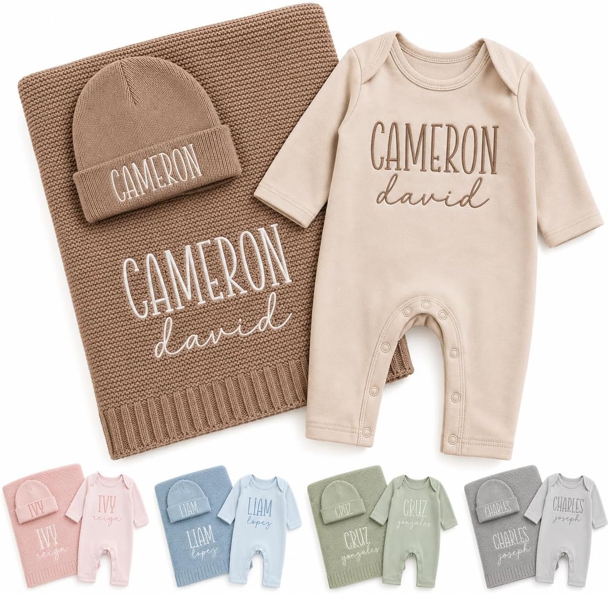 Personalized Baby Outfit Set, Custom Embroidered Name Bodysuit Blanket