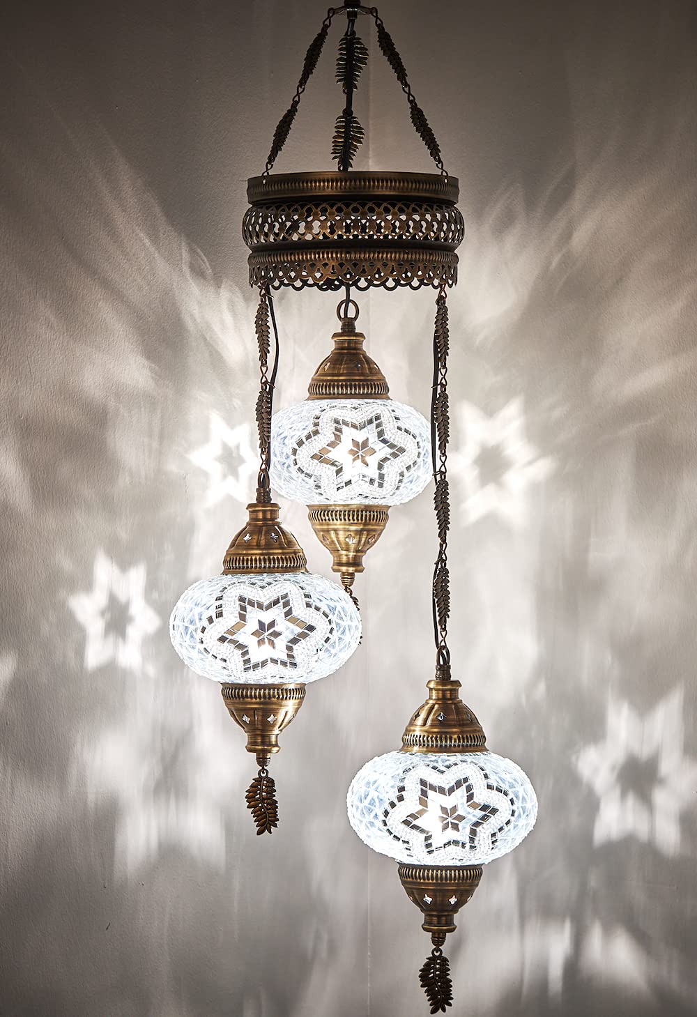 Demmex White Turkish Moroccan Mosaic Hardwired Ceiling Chandelier Light, Handmade 3-Globe Hanging Pendant Lamp, Boho Mosaic Glass, 105 Cm Height,