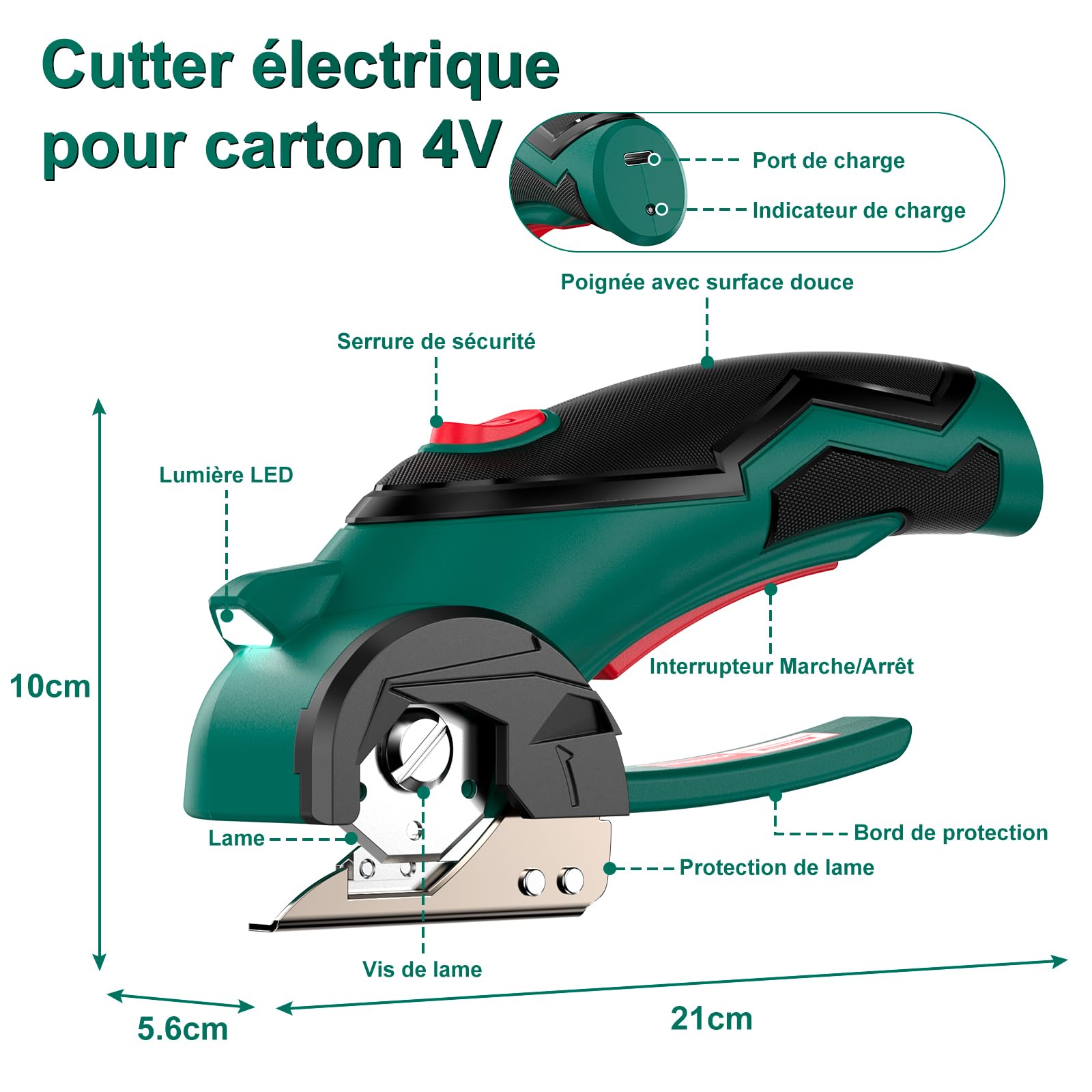 HYCHIKA Ciseaux Electrique Tissu Couture 4V, Ciseaux Electrique 300 tr/min, Avec 2 Lames et LED, Cutter Rotatif Couture pour Tissu, Couture, Cuir, Tapis, Carton, Plastique
