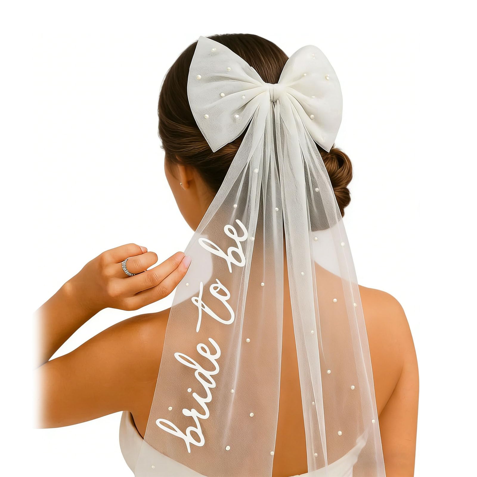 Bride to Be Veil, hen Party Veil with Pearl Embroidery and Heat Transfer Lettering, Bridal Shower Decorations for Bachelorette Parties, White Clip for Wedding Photoshoots