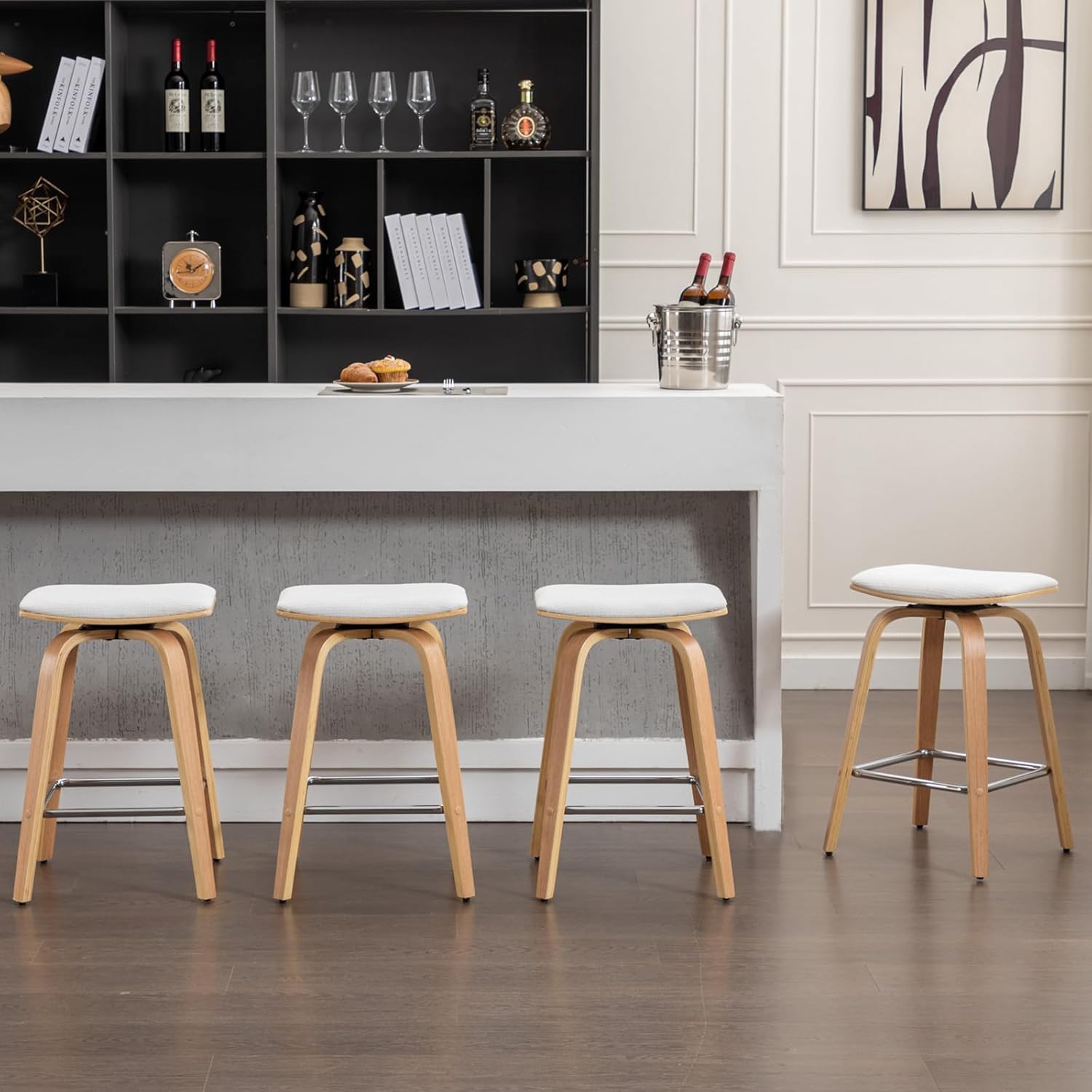 Counter Height Bar Stools Set of 2 - Backless 26" Swivel Counter Stool Wood Bar Stool for Restaurant Kitchen Counter, Beige