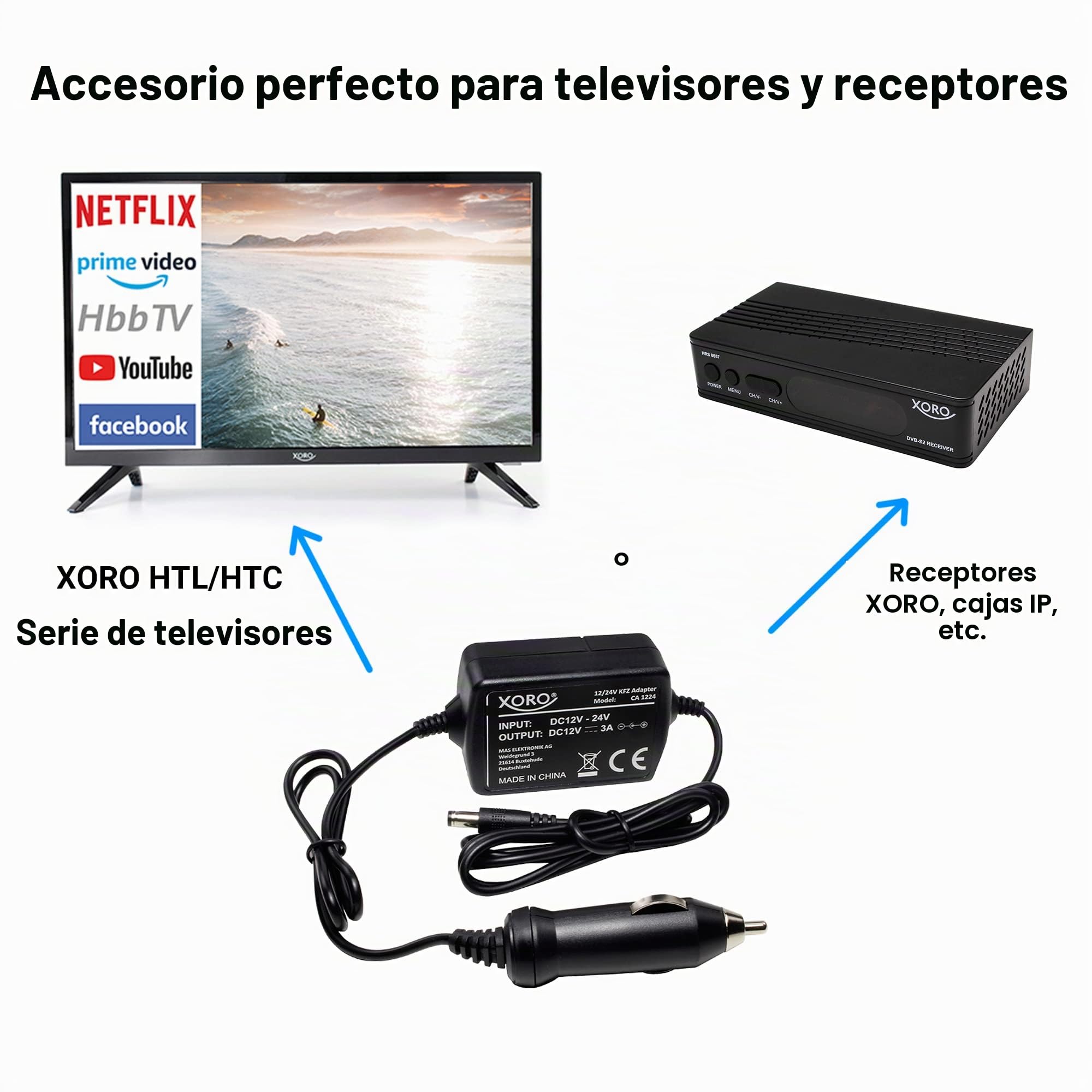 Xoro CA 1224 - Adaptador estabilizado para Coche (12 V/24 V), Color Negro