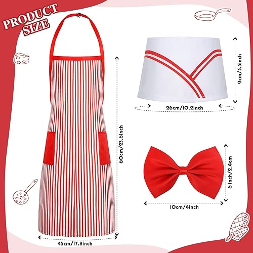 Miniatura 2 de Kit de disfraz de camarero para niños 3 piezas delantal de rayas rojas y blancas para niños delantales ajustables con 2 bolsillos sombrero de chef