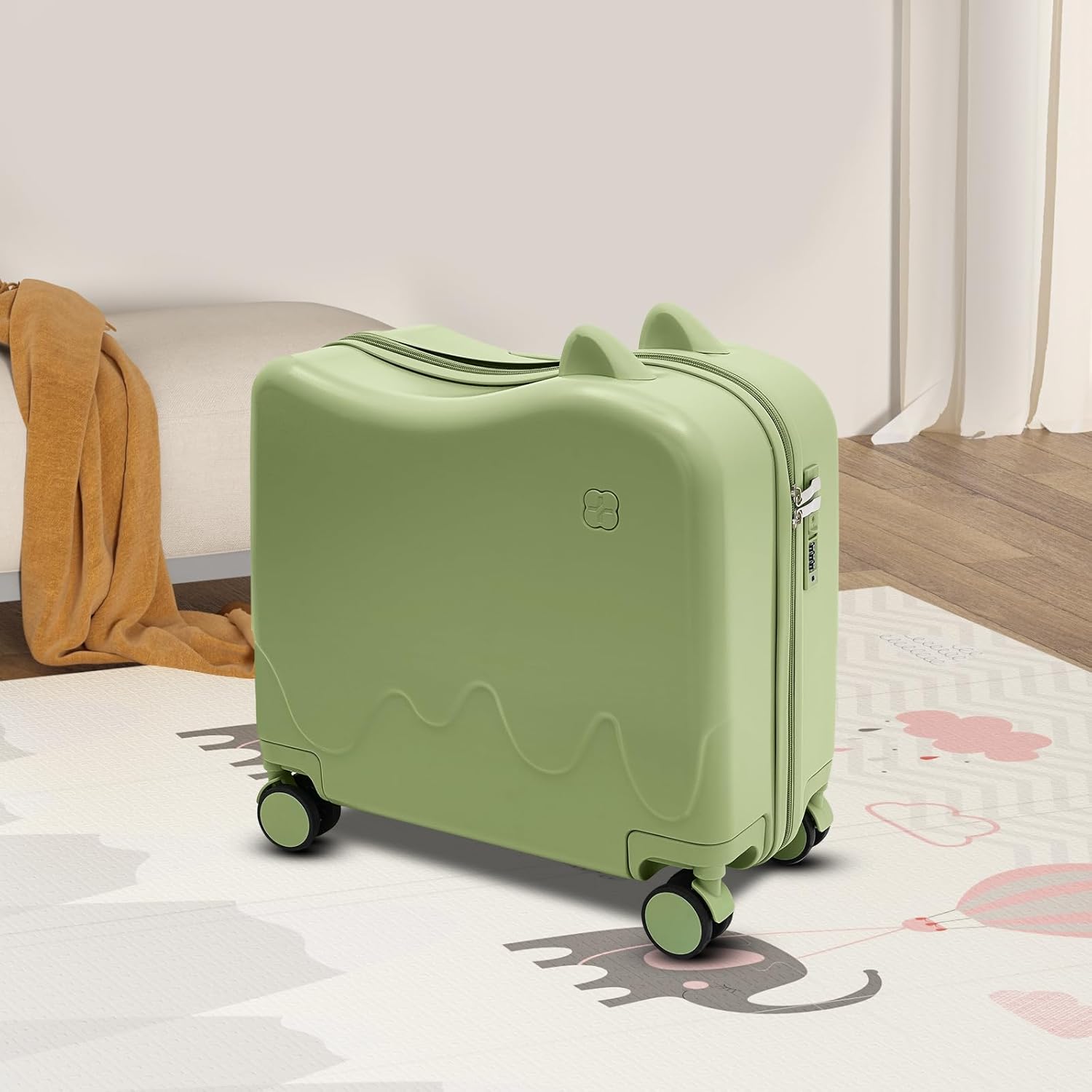 LOYALHEARTDY 18" Ride-On Kids Suitcase with Double Spinner Wheels Cute Lightweight Tow-Along Luggage Carry-on Hardside Trolly Case with Password Lock for Travel, Olive Green