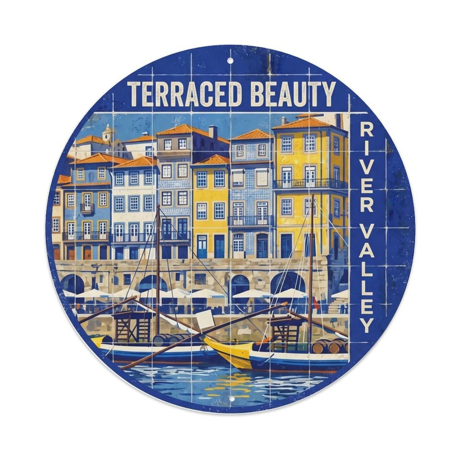 Porto Ribeira Portugal Historic Travel Riverside Cityscape Metal Tin Sign Plaque Wall Decor for Cafe, Man Cave, Club Bar, Office, Home Garden Round Metal Poster 8x8Inch