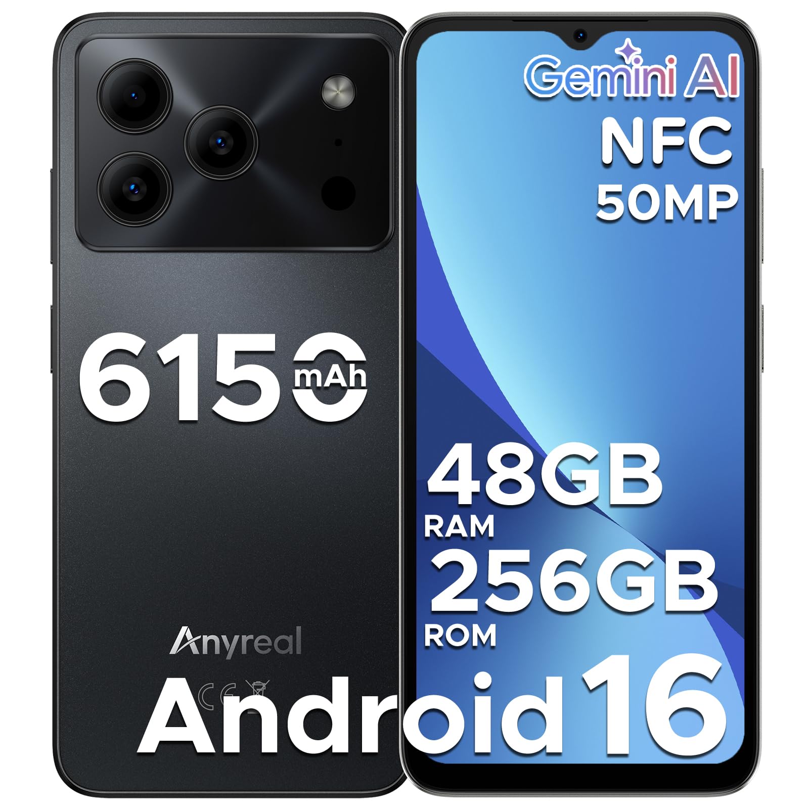 ANYREAL Note 56 Plus Smartphone Android 16, 48GB+256GB/TF 2TB Cellulari, 50MP+8MP, 6150mAh Telefono Cellulare, 6.56" 90Hz Octa-Core Telefoni, Face ID/4G Dual SIM/Widevine L1/NFC - Nero