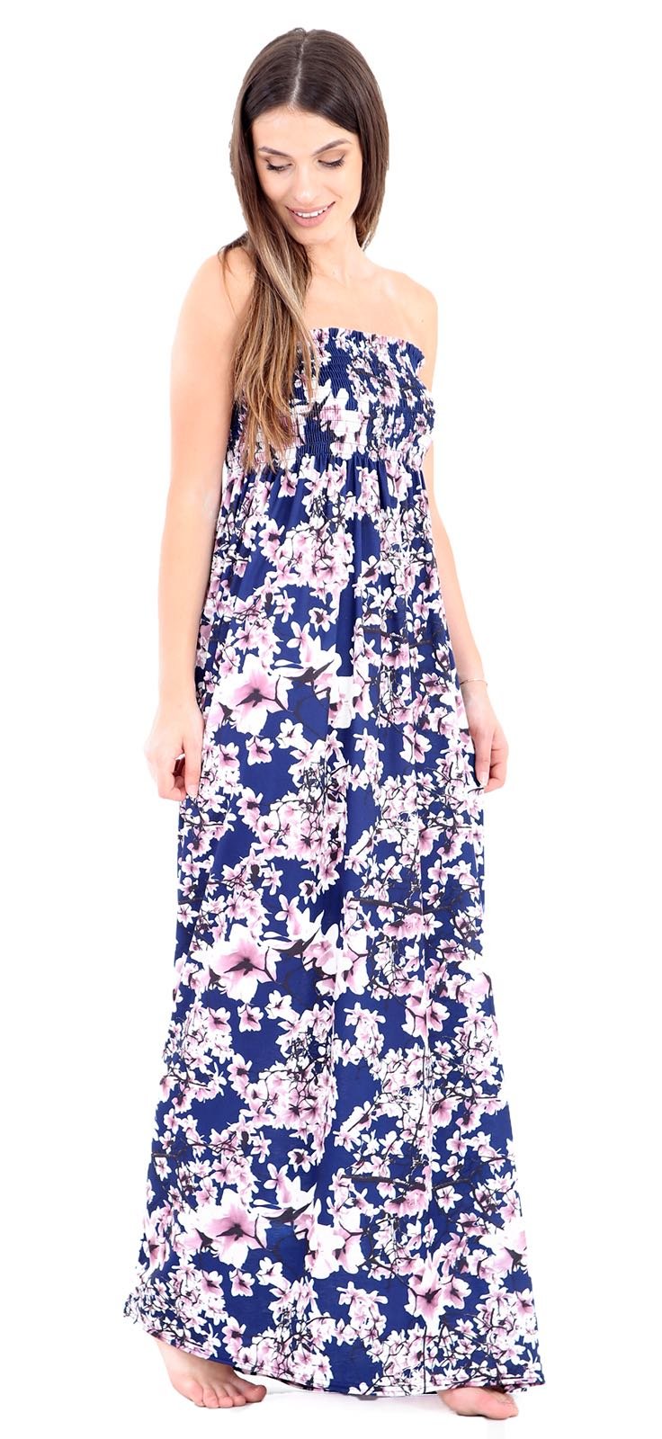 Girlzwalk Women's White Blossoms Strapless Maxi Dress Sheering Boob Tube Bandeau Printed Long Dress (, Xxl 20-22)