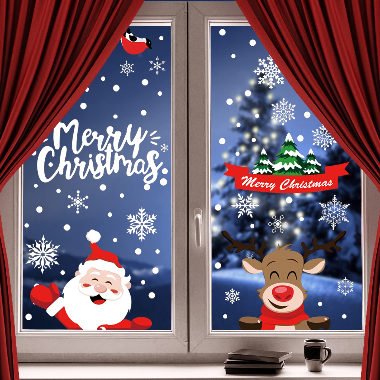 Fingooo 4Hello Xmas 2021 Peeping Santa Rudolph And Snowman, 8 Sheets Snowflake Christmas Window Stickers Xmas Window Clings