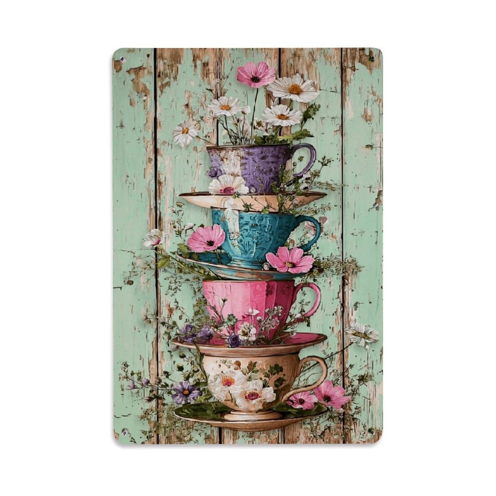 Jdfenggu Vintage Floral Tea Cups Stack Pattern Retro Metal Tin Sign, Decor Art Poster For Bar, Home, Man Cave, Kitchen, Laundry Room Gift 8X12inch