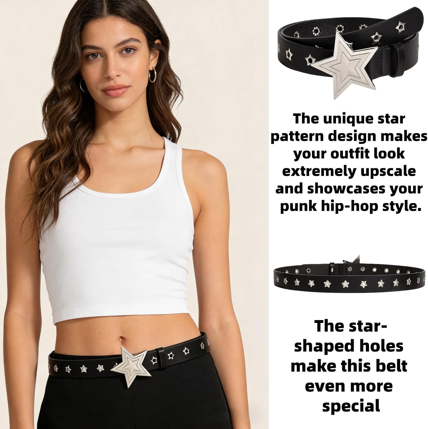 Black Y2k Studded Star Belt, Punk Rock Grunge EMO Leather Belt for Women Men,Hip Hop Y2k Accessories