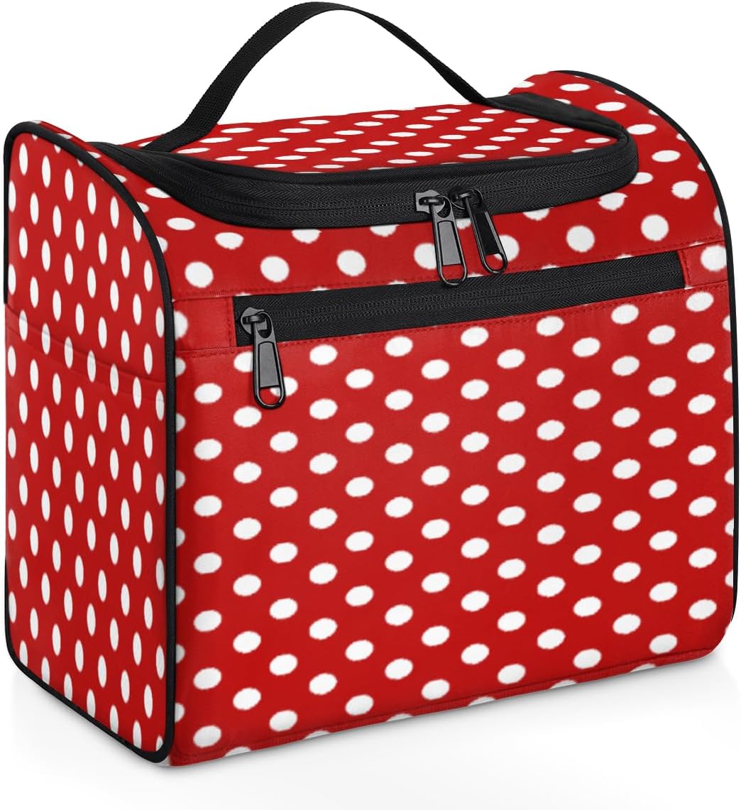 White Polka Dot Red Background Toiletry Bag for Women, Hanging Travel Toiletry Bag, Water-resistant Cosmetic Makeup Organizer for Toiletries and Cosmetics, Bathroom Shower Bag with Handle and Hook