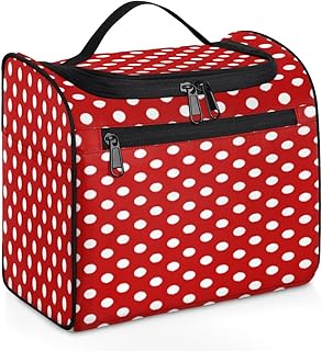 Neceser de aseo con fondo rojo y lunares blan...