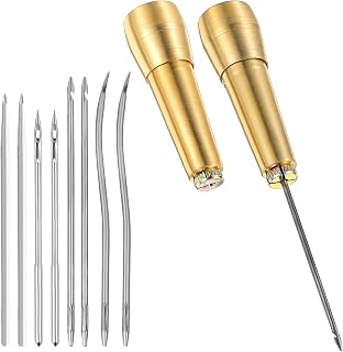 HJZHII 2 Set Ahle Werkzeug,8 Stück Ledernadel Nähahle Ahle,Leder Reparatur Set Kupfergriff Kegel Aus Segeltuchleder mit Messinggriff Leder Schuhmacher Ahle für DIY Näharbeiten Reparaturen