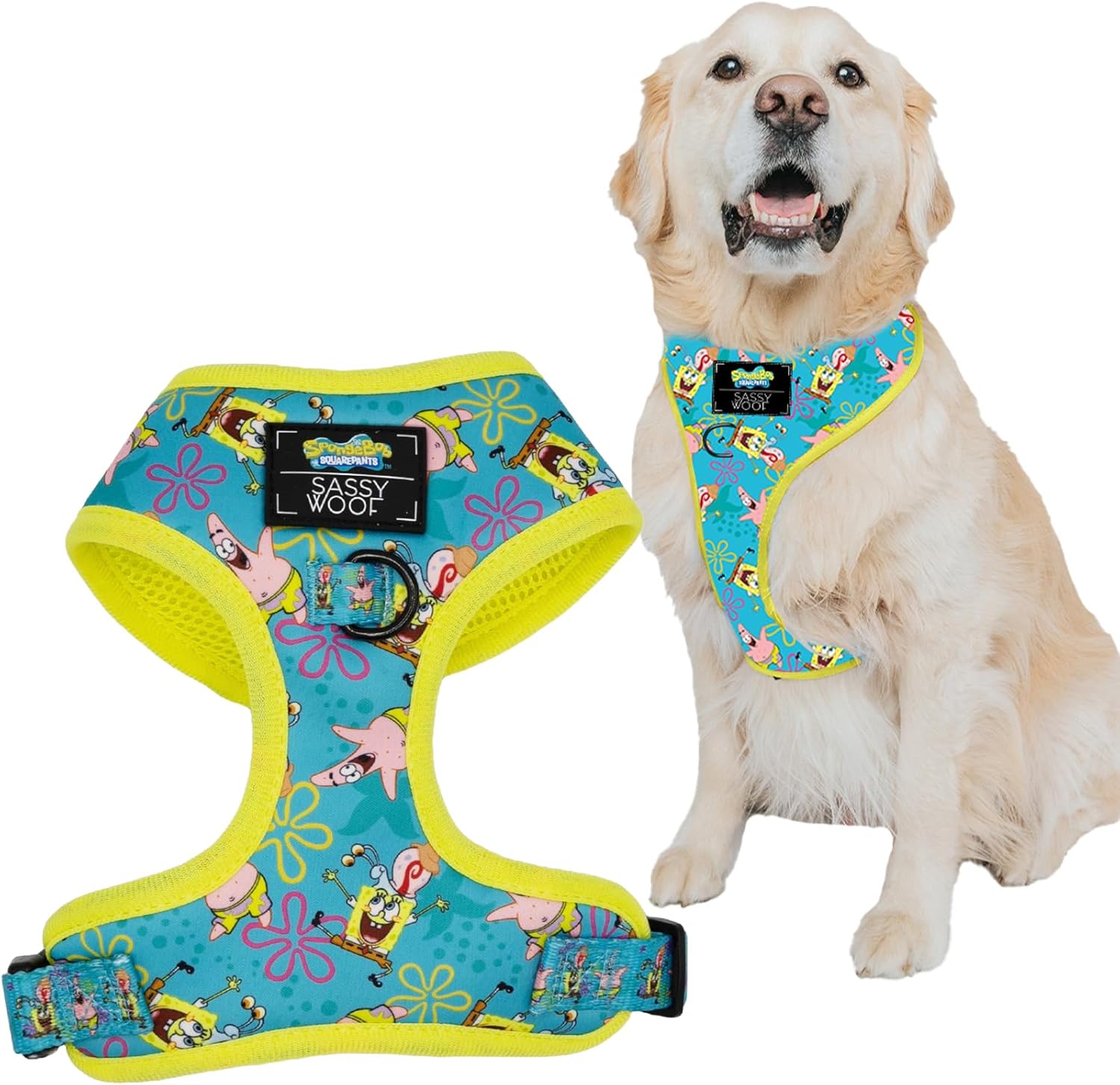 Sassy Woof Dog Adjustable Harness - Spongebob Squarepants™ Jelly Fishin' - XL, Breathable Mesh, No Pull Design with Two D-Rings, Patented Design, Ideal for Extra Large Dogs - Officially Licensed