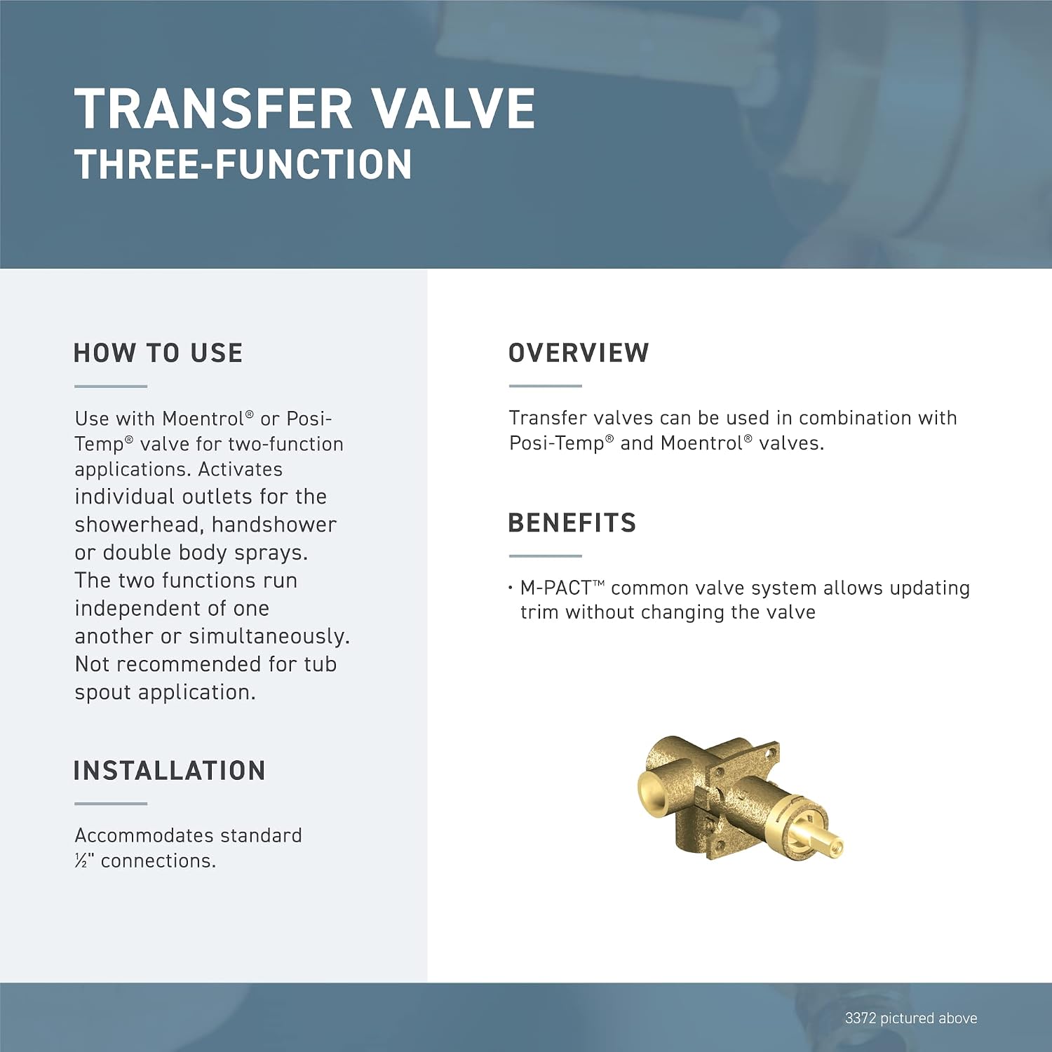 Moen 3372 M-PACT Brass Three-Function Shower Rough-In Transfer Valve, 1/2-Inch CC Connection