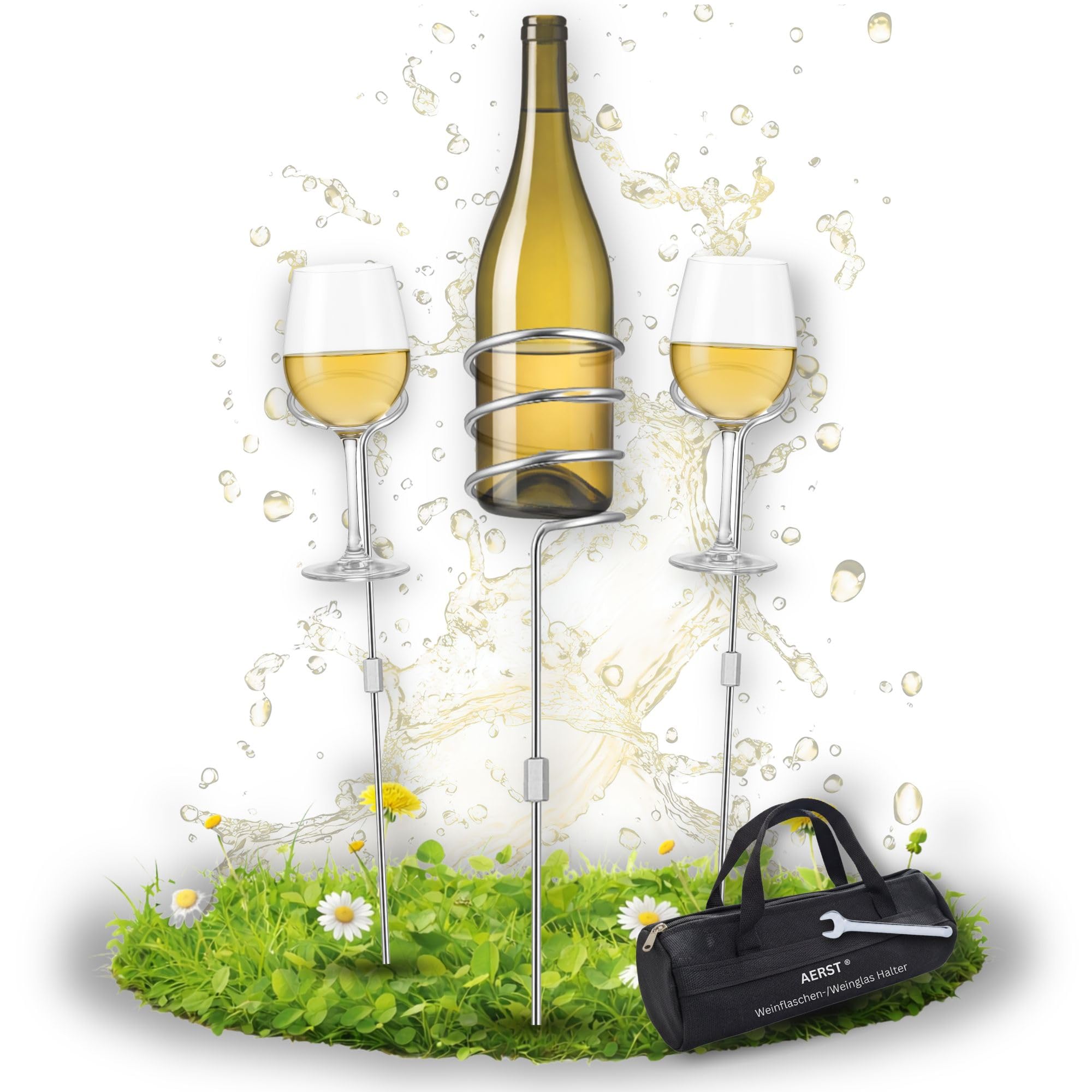 Weinflaschenhalter & Weinglashalter - Edelstahl Outdoor Gadget, 2+1 | Outdoor Getränkehalter aus Edelstahl. Höhenverstellbar, rostfrei, inkl. Tasche & Werkzeug für Garten und Camping.