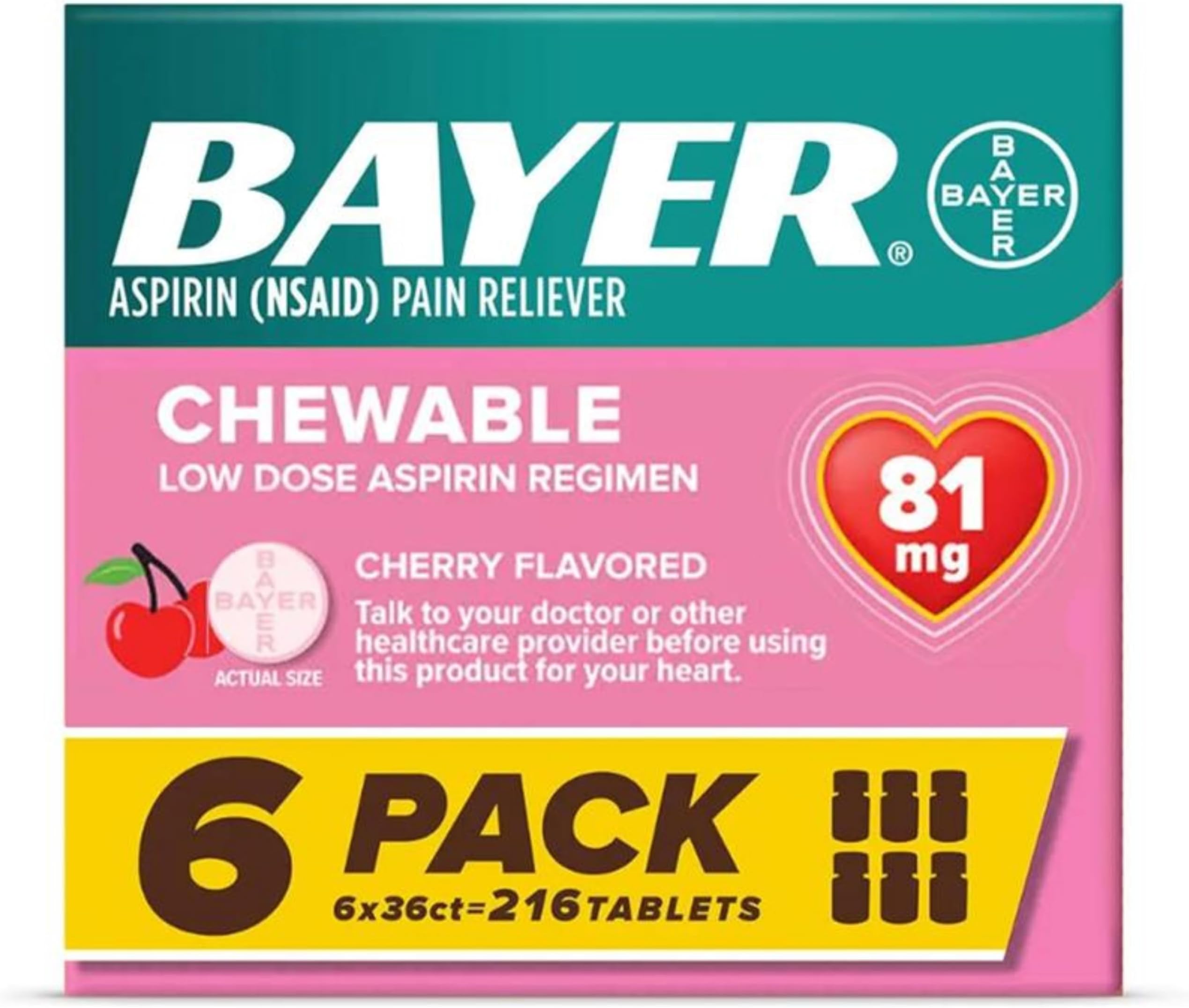 Bayer Aspirin Low Dose 81 mg Chewable Tablets, Pain Reliever, Cherry Flavored, 216 Tablets, 36 Count (Pack of 6)