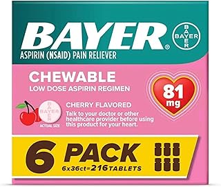 Bayer Aspirin Low Dose 81 mg Chewable Tablets, Pain Reliever, Cherry Flavored, 216 Tablets (6 Pack)