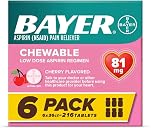 Bayer Aspirin Low Dose 81 mg Chewable Tablets, Pain Reliever, Cherry Flavored, 216 Tablets, 36 Count (Pack of 6)