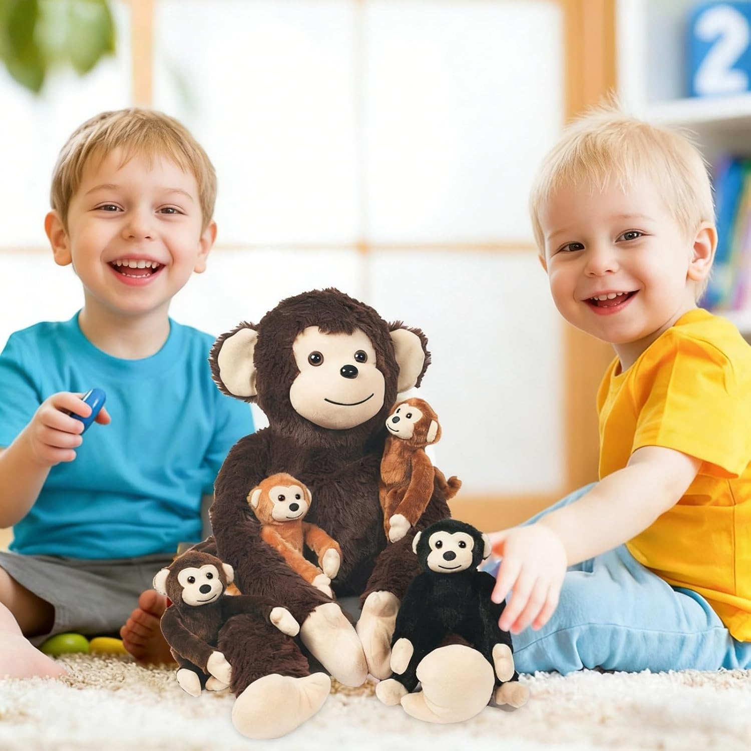 5 in 1 Monkey Stuffed Animal with Babies, Large Huggable Stuffed Monkey Plush Toy Mom and 4 Baby Stuffed Animal Monkeys Hanging Plush Doll Toy Monkeys for Kids Birthday Easter Stuffers Gifts