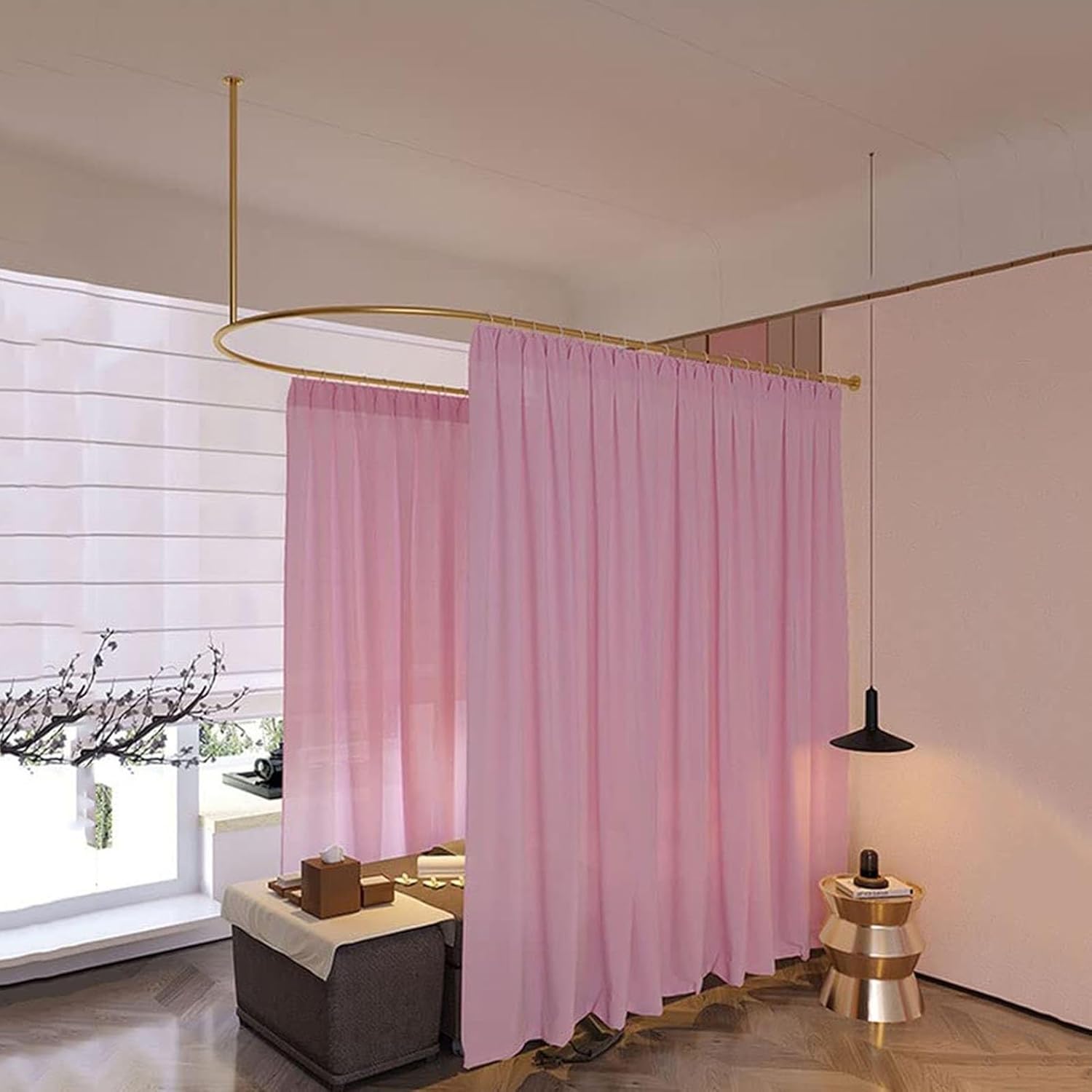 壁掛け式間仕切り、美容室用間仕切りカーテン、U字型ロングサポートロッド、光透過性プライバシースクリーン、マッサージフィッティングルー