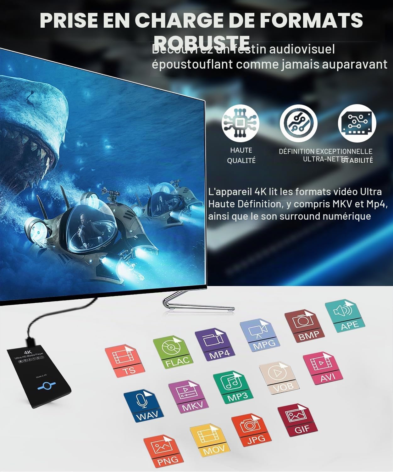 Lecteur multimédia 4K Ultra HD et boîtier HDD 2 en 1 : Lecture H.265/HEVC, H.264/AVC MP4, vidéos MKV, Musique MP3, Photos JPG, HDMI 4K, AV analogique, Prend en Charge 2", 2,5
