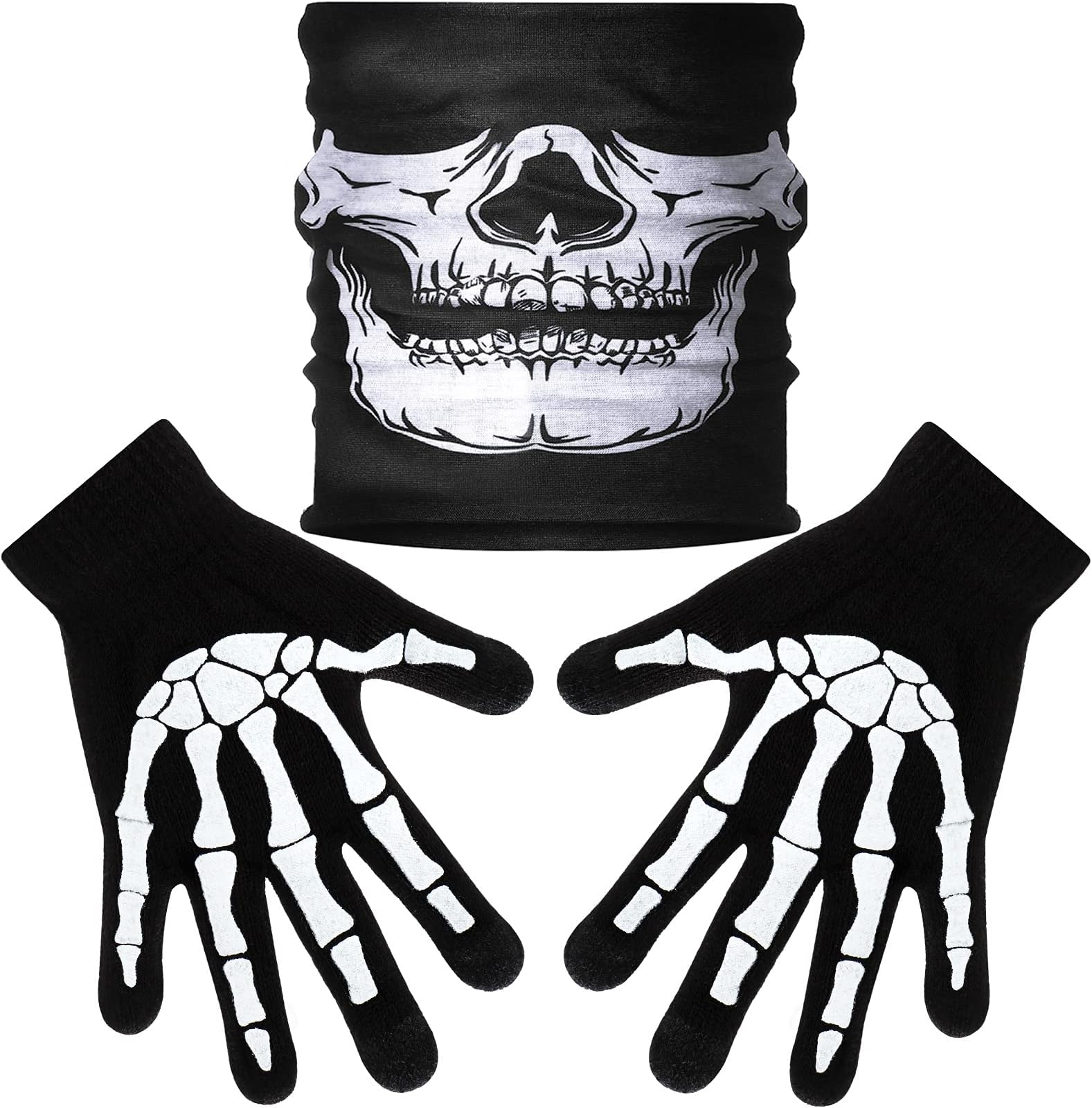 Tatuo White Skeleton Gloves and Skull Face Mask Half Ghost Bones Cosplay Costumes for Adult Halloween Dance Costume Party (1 Set, Style B)