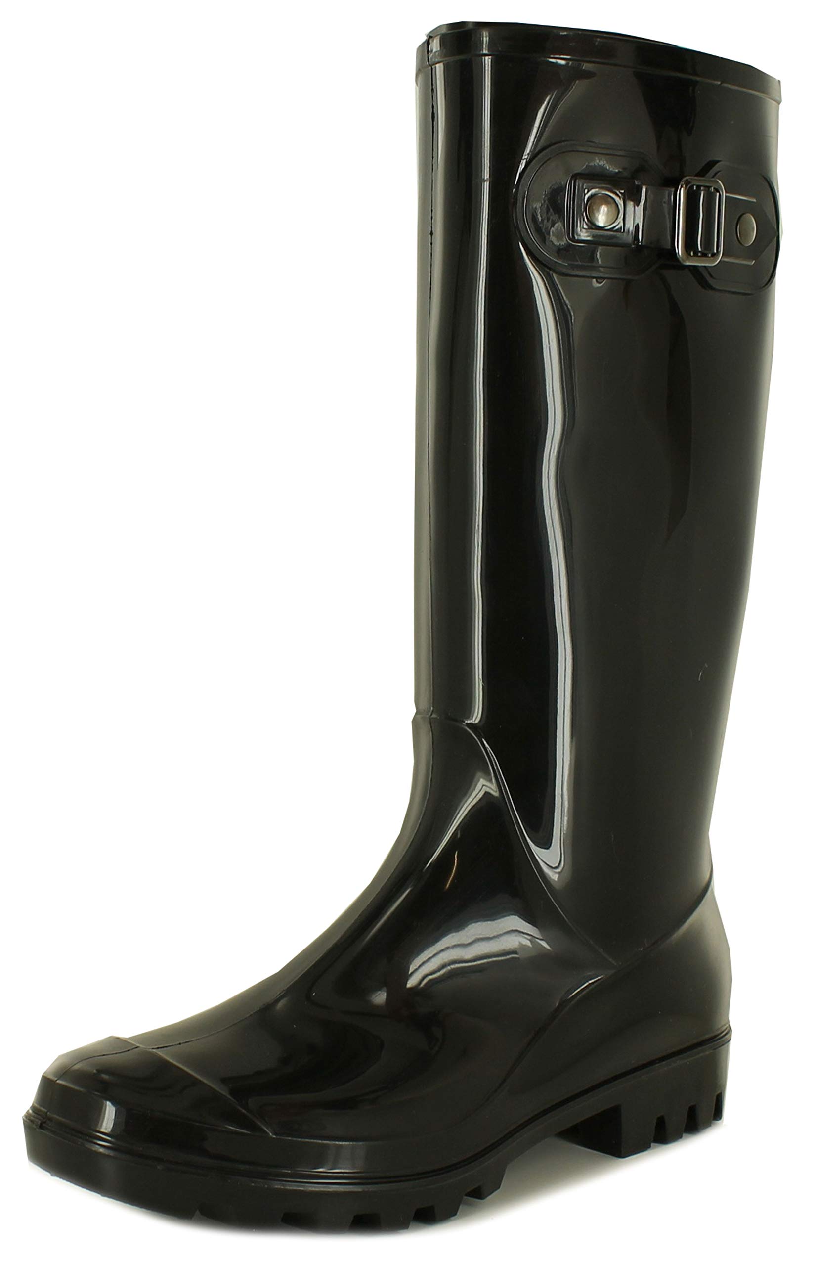 Platino Carnival Womens Wellies - Slip On Black Wellington Boots Women Available in Various Sizes. Women's Wellies Boots with Decorative Side Strap & Waterproof Surface