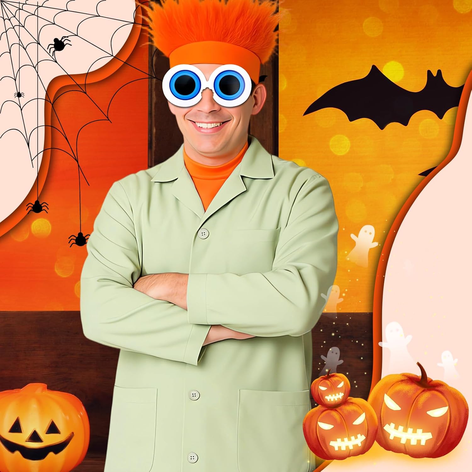 SATINIOR 3 Pcs Halloween Costume Accessories Set Adult Cosplay Green Professional Lab Coat Orange Wig Eyeball Glasses - Image 6