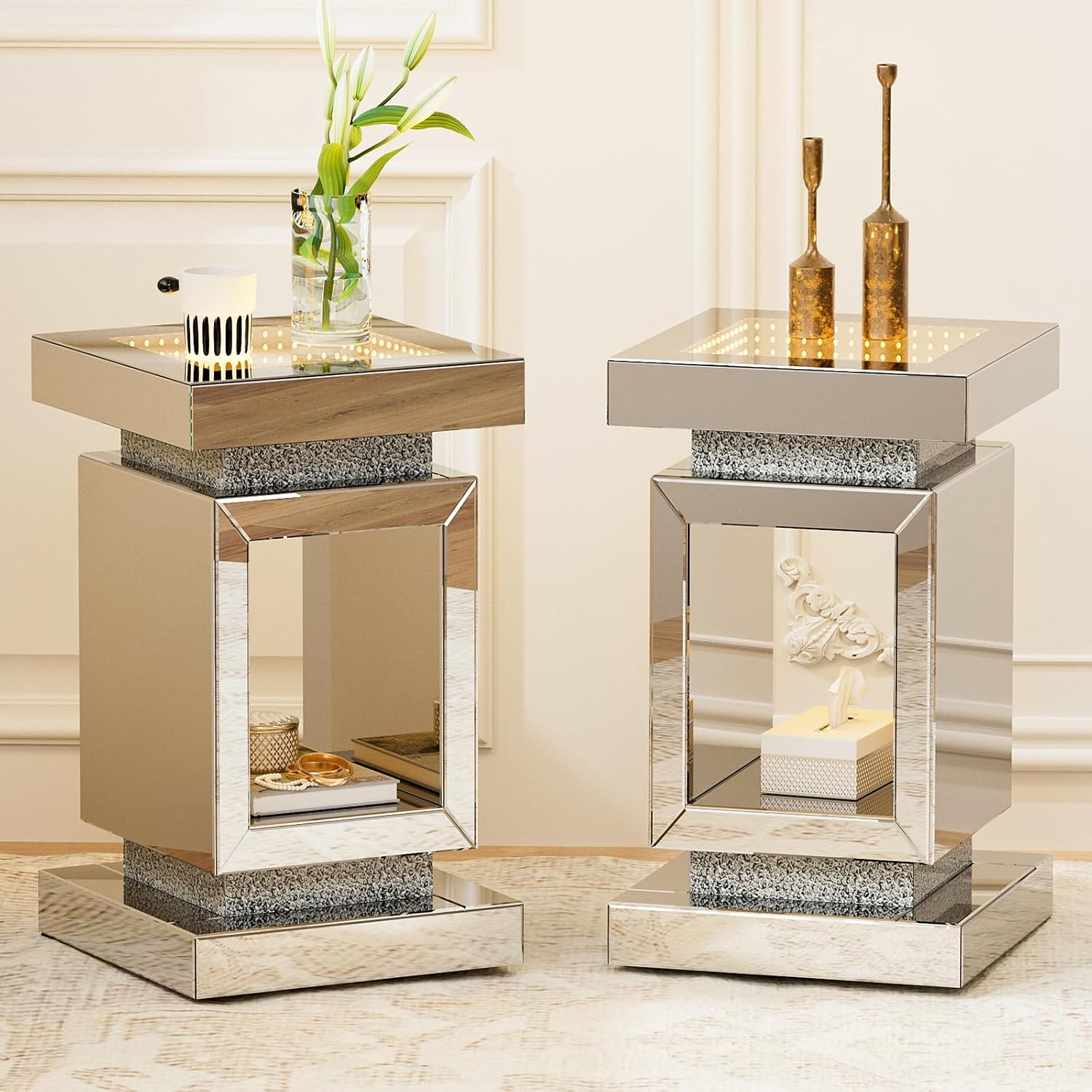IKIFLY Mirrored Nightstand Set of 2, LED End Table with Rectangular Base, Silver Accent Beside Table with Crushed Diamond for Living Room, Bedroom and Office (Remote Control Included)
