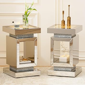 IKIFLY Mirrored Nightstand Set of 2, LED End Table with Rectangular Base, Silver Accent Bedside Table with Crushed Diamond for Living Room, Bedroom and Office Remote Control Included
