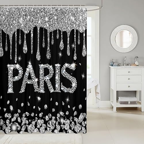 Miniatura 2 de Feelyou Cortina de ducha de la Torre Eiffel París con purpurina (sin purpurina sin lentejuelas), juego de cortina de ducha de diamante para
