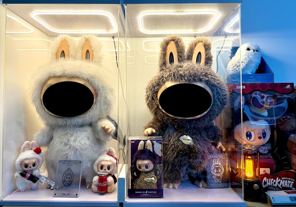 DuvinDD Acrylic Display Case for Zimomo for Labubu, 23.6 inch Tall Clear Large Doll Display Box with LED Light Top for Lego Display Case Dustproof Protective Showcase White High hardness fiberboard 13.8 W x 11.8 D x 23.6 H inch