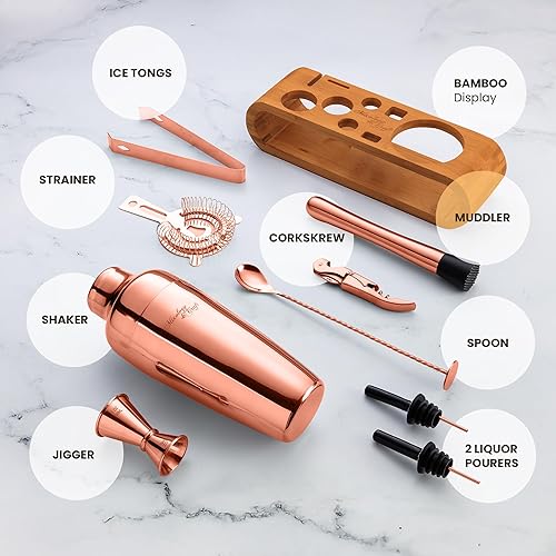 Miniatura 6 de Mixology & Craft Juego de coctelera con soporte de bambú, kit profesional de camarero de 10 piezas, juego completo de barra y kit mezclador de Cobre