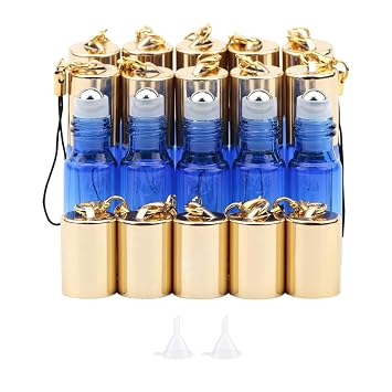 Kesell 5ml Essential Oil Roller Bottles - 15 Pack Gradient blue Colored Perfume Glass Roll On Bottles Sample Vials with Stainless Steel Roller Balls, Essential Oil Opener and Funnels Included