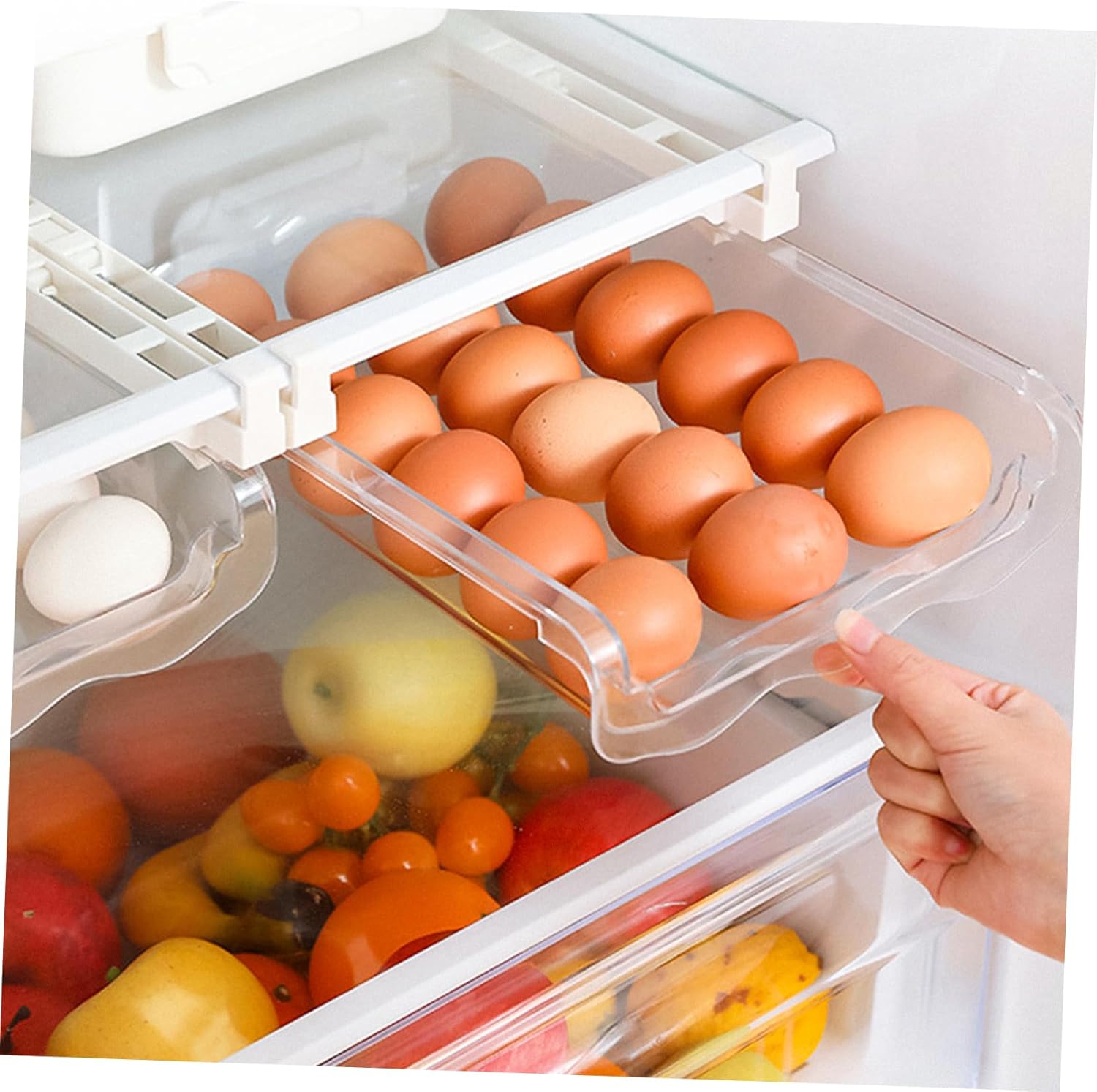 Angoily 1 Set Transparent Crisper Storage Bin Drawers Fridge Egg Holder Tray Organizer Egg Container for Refrigerator Freezer Egg Shelf Egg Storage Bin White Food Accessories re-usable