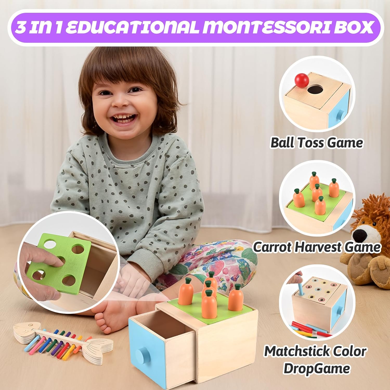 Wooden Montessori Toys for 1+ Year Old, 9 in 1 Learning Educational Toys, Wooden Toy with 3 in 1 Educational Box, Pound Bench, Shape Puzzle, Cloth Books, Fishbone Matching, Ring Stacker Toy