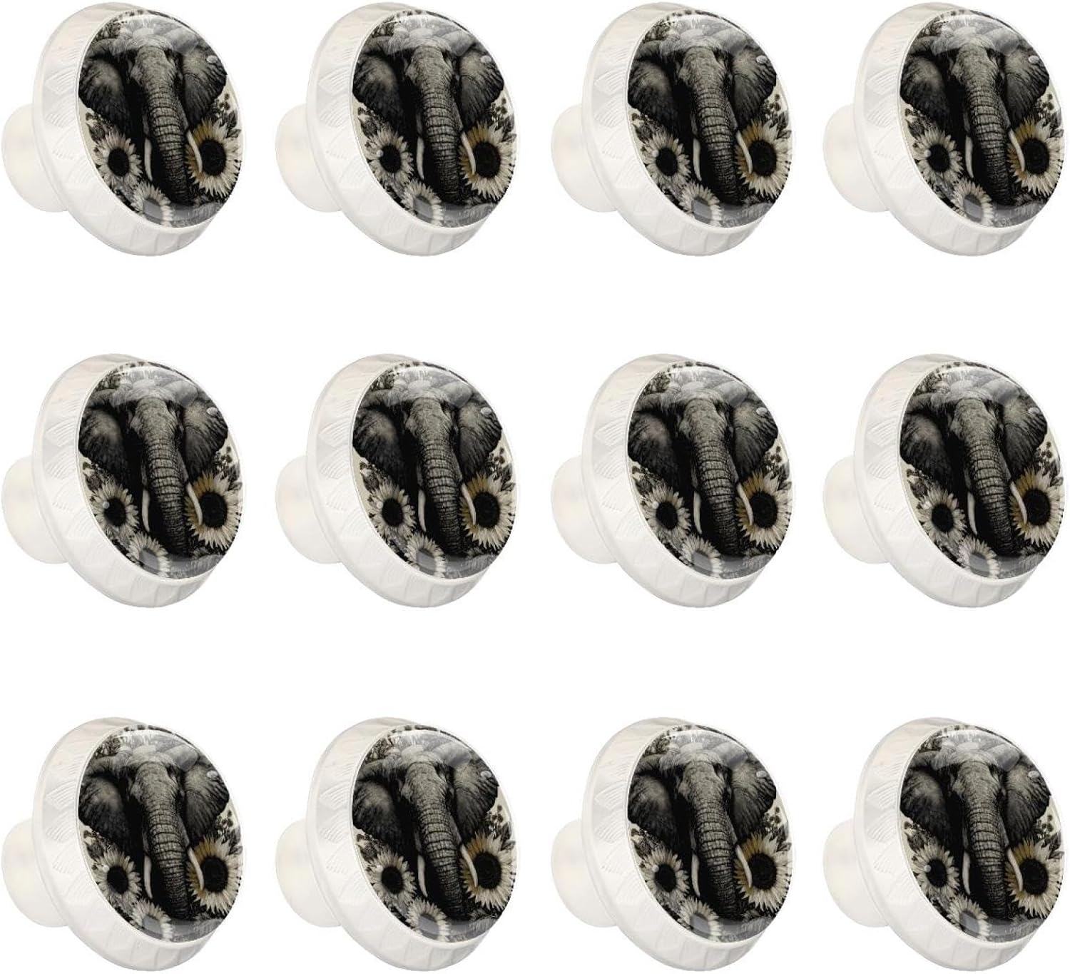 Black Elephant and Sunflower (2) Decorative Cabinet Hardware, Round Drawer Pulls with Screws for Home Furniture