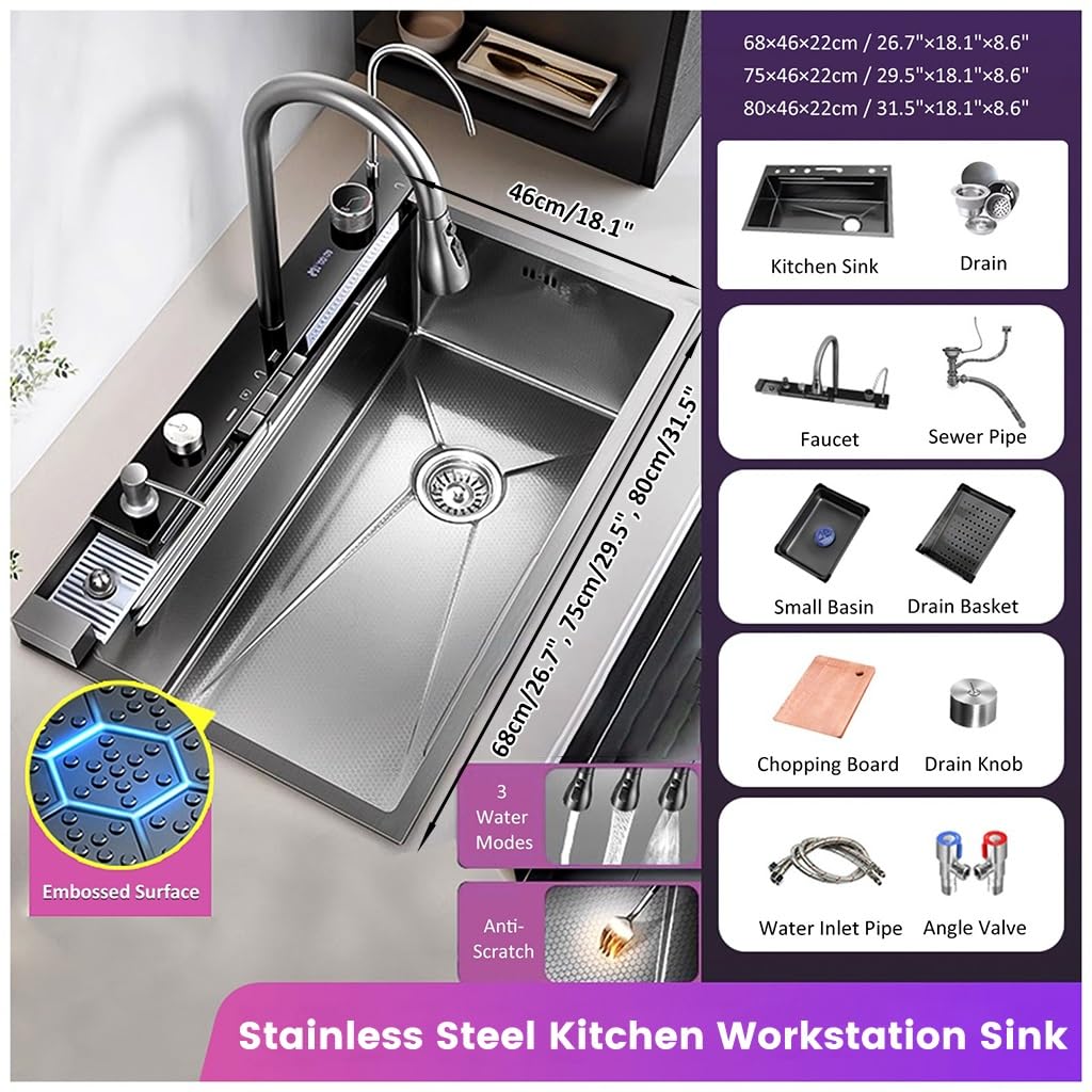 Fregadero de Cocina Tipo Cascada Mejorado, Fregadero Inteligente de Acero Inoxidable Nano con Grifo extraíble, lavavasos, Kit de desagüe, Fregadero Grande de un Solo Seno Estilo gr