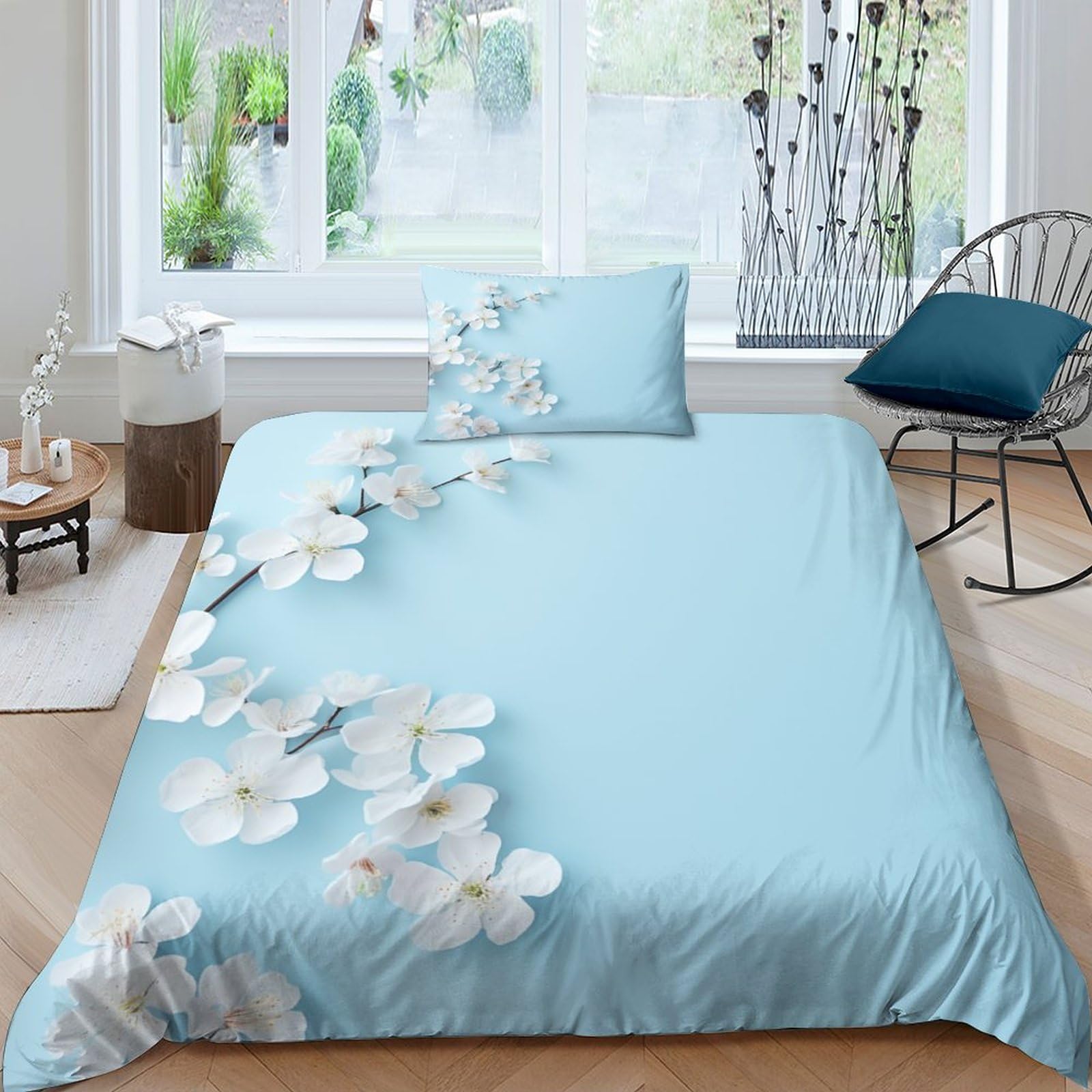 Housse de couette pour enfants imprimé floral blanc 3 pièces parure de lit 135x200cm