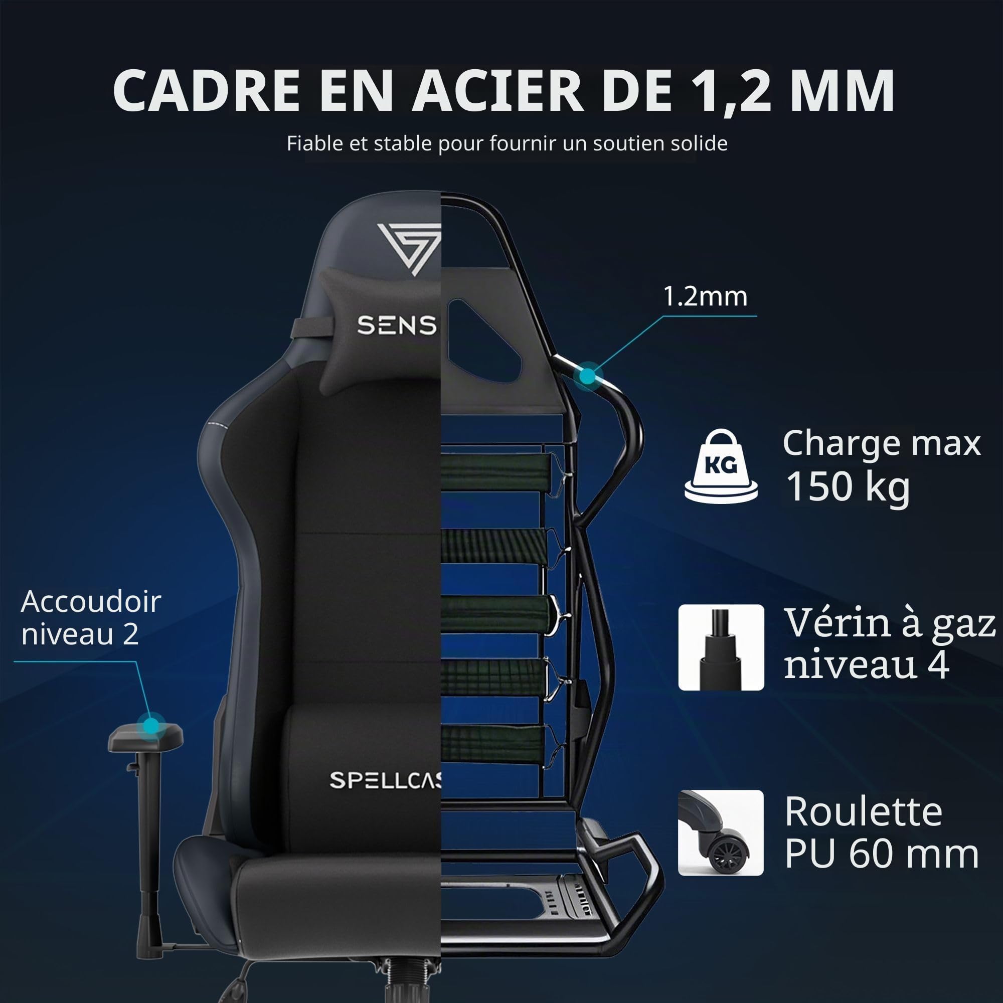 SENSE7 Chaise Gaming Spellcaster Moderne 160° Eco-Cuir 1D Mousse